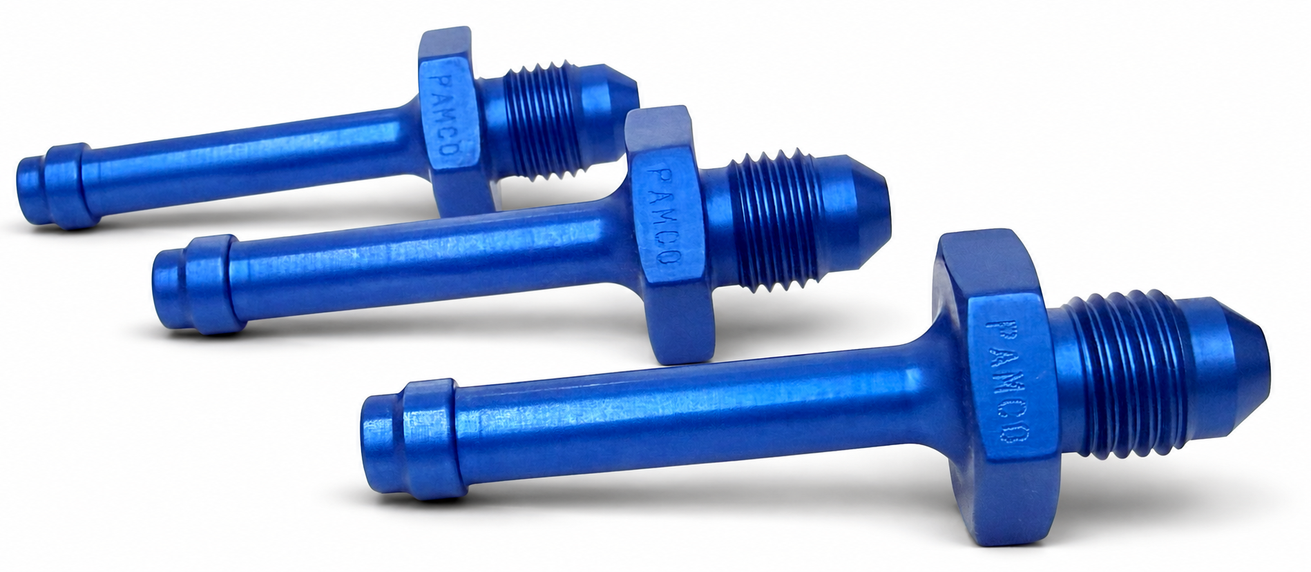 Three blue automotive fuel injectors arranged diagonally on a white background.