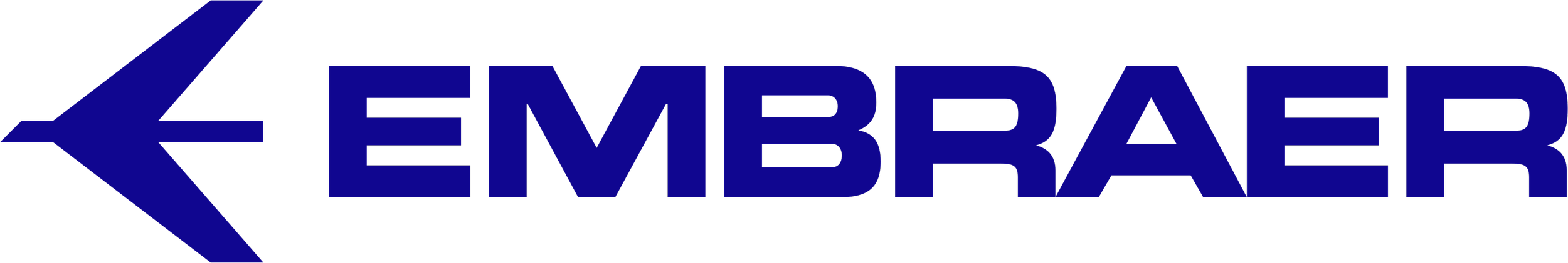 Blue logo with arrow pointing left and the word 'EMBRAER' in bold capital letters