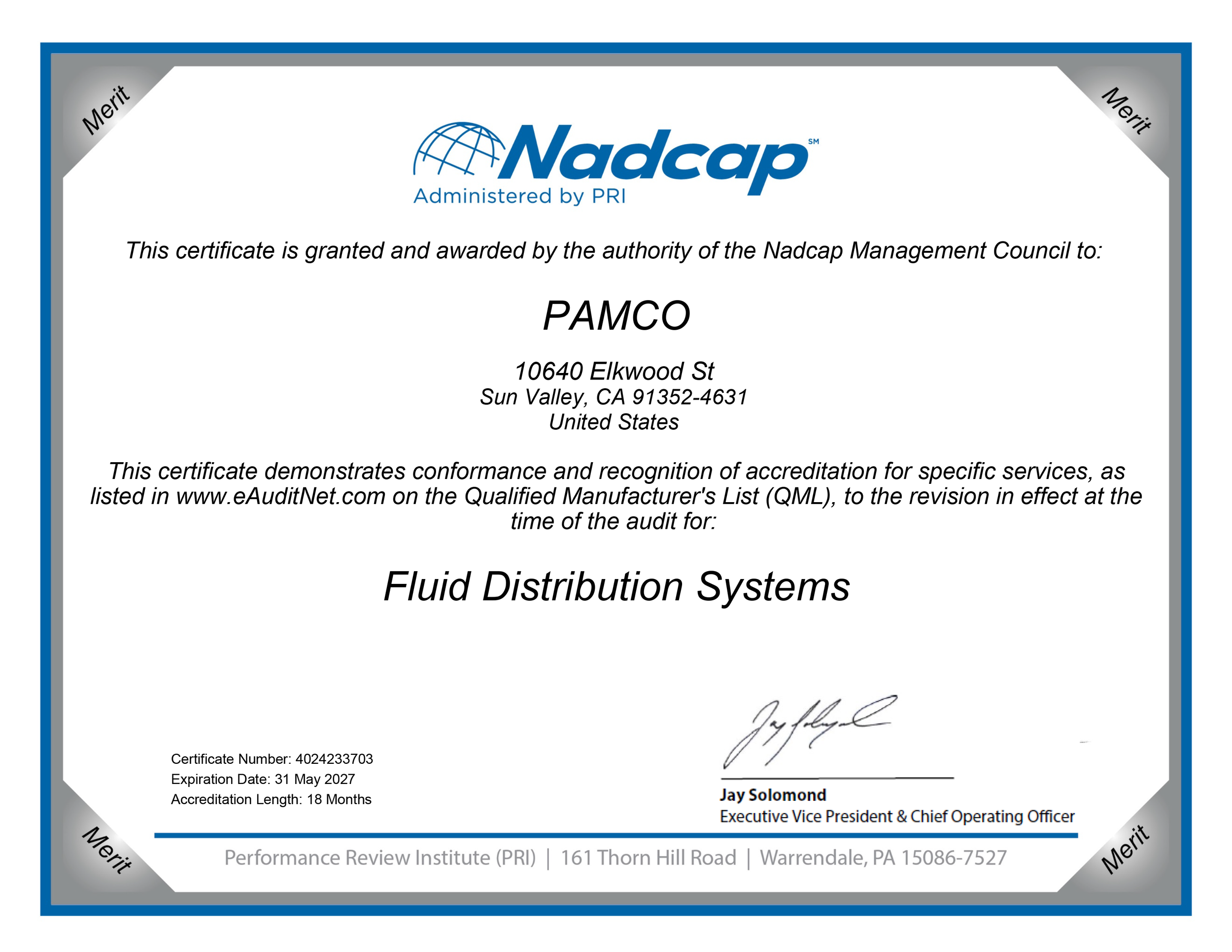 Certificate of accreditation with the Nadcap logo at the top, awarded to Pamco for fluid distribution systems, signed by Jay Solomond, with certificate details at the bottom.