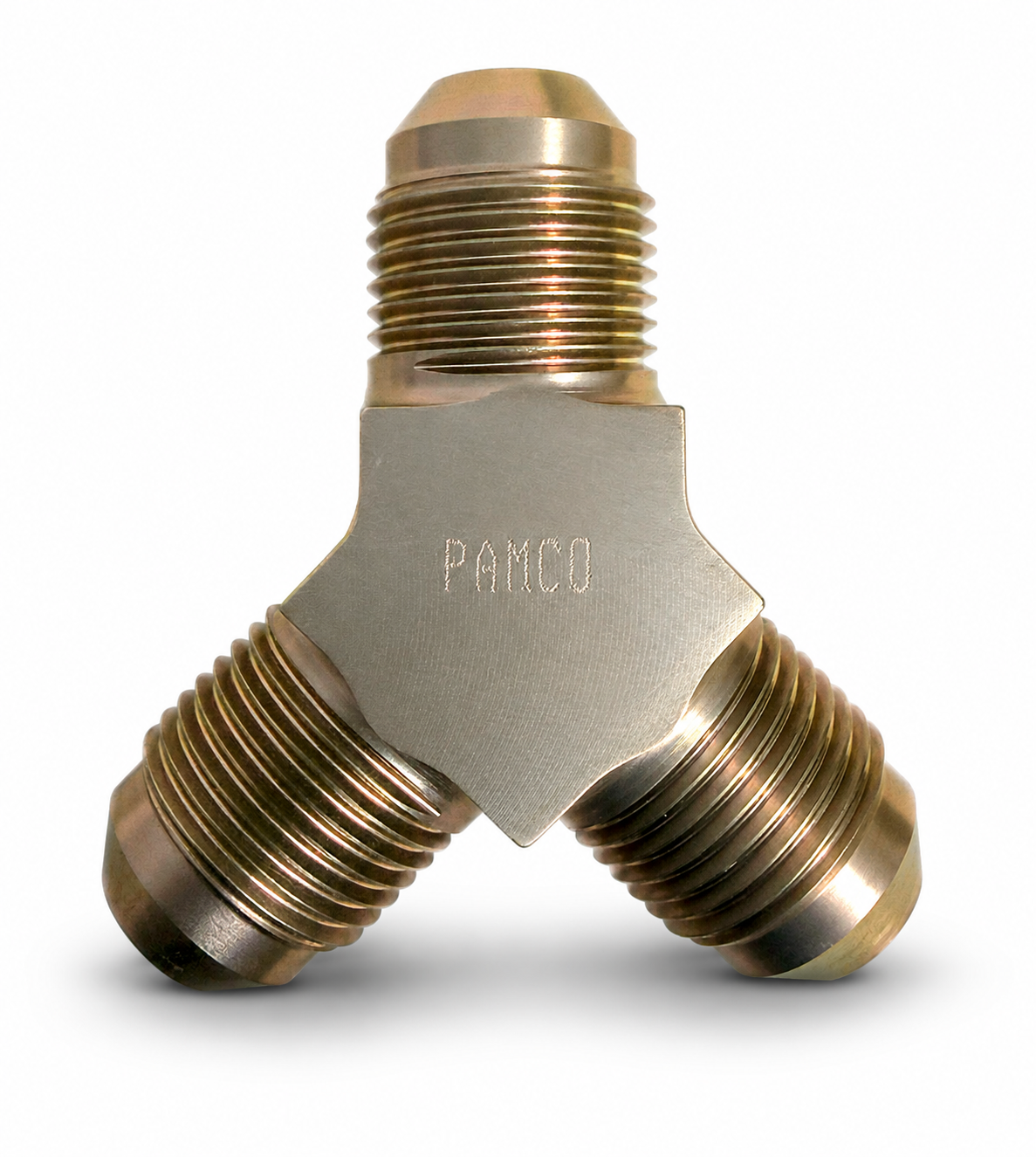 Metal threaded connector with three ends, engraved with 'PAMCO' in the center.