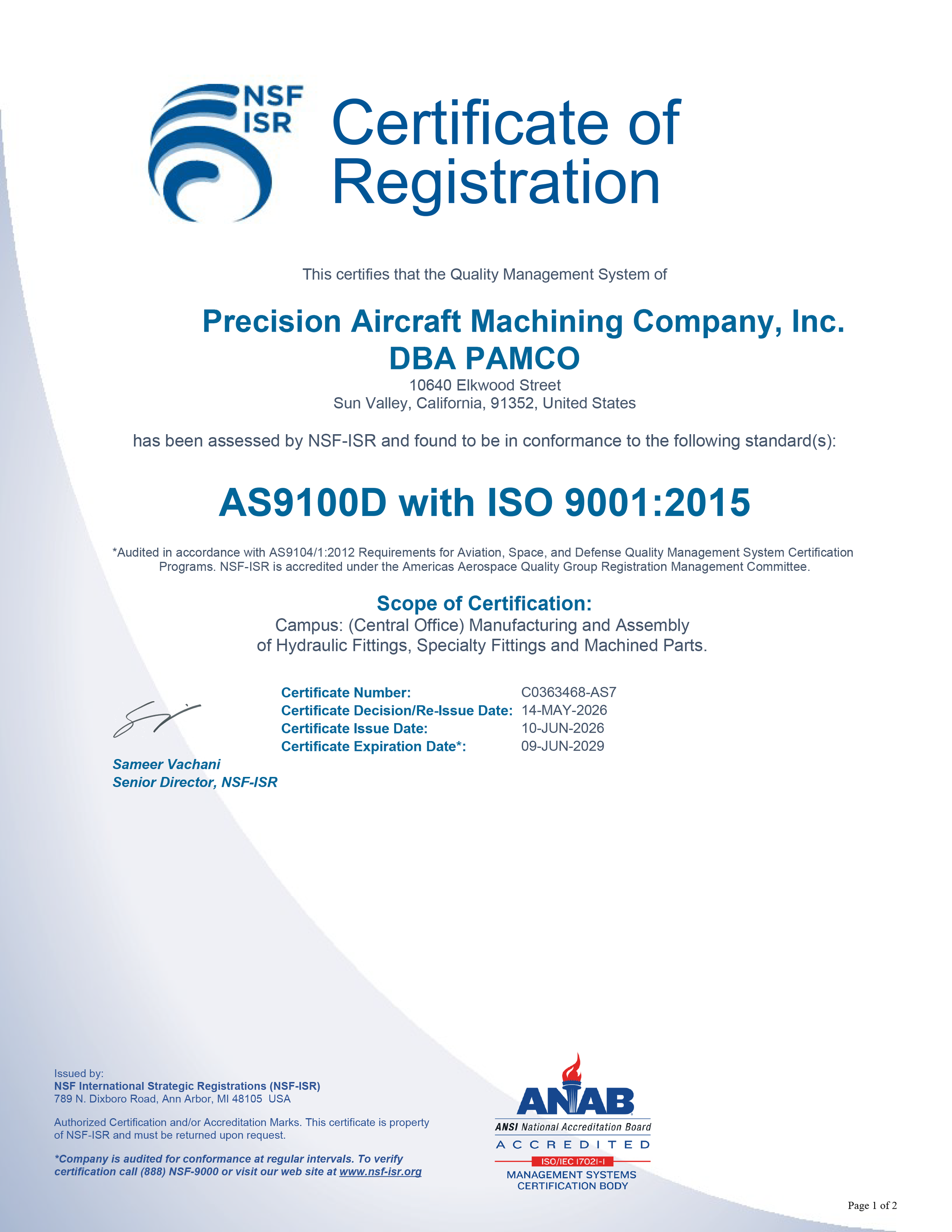 A Certificate of Registration for Precision Aircraft Machining Company, Inc., issued by NSF International Strategic Registrations, with details about certification standards, scope, and certification numbers. The certificate includes logos for NSF, ANAB, and signatures, and the bottom section contains certification and company information.