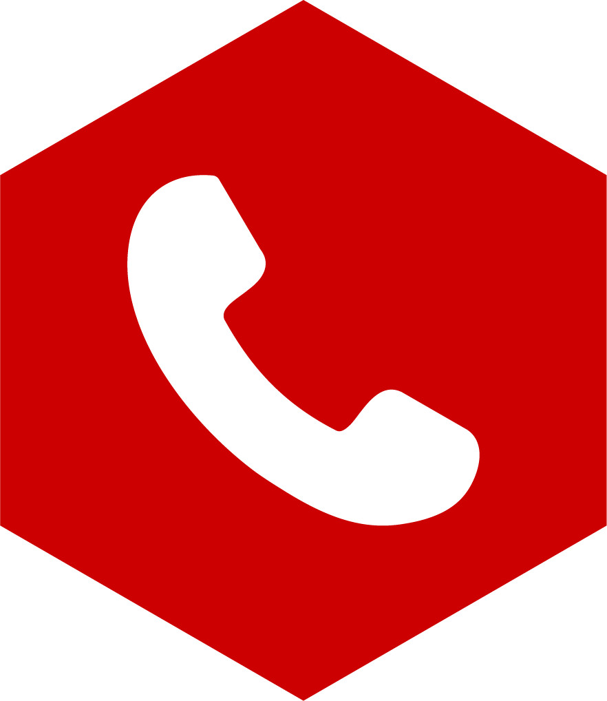 A black telephone handset icon inside a red hexagon.