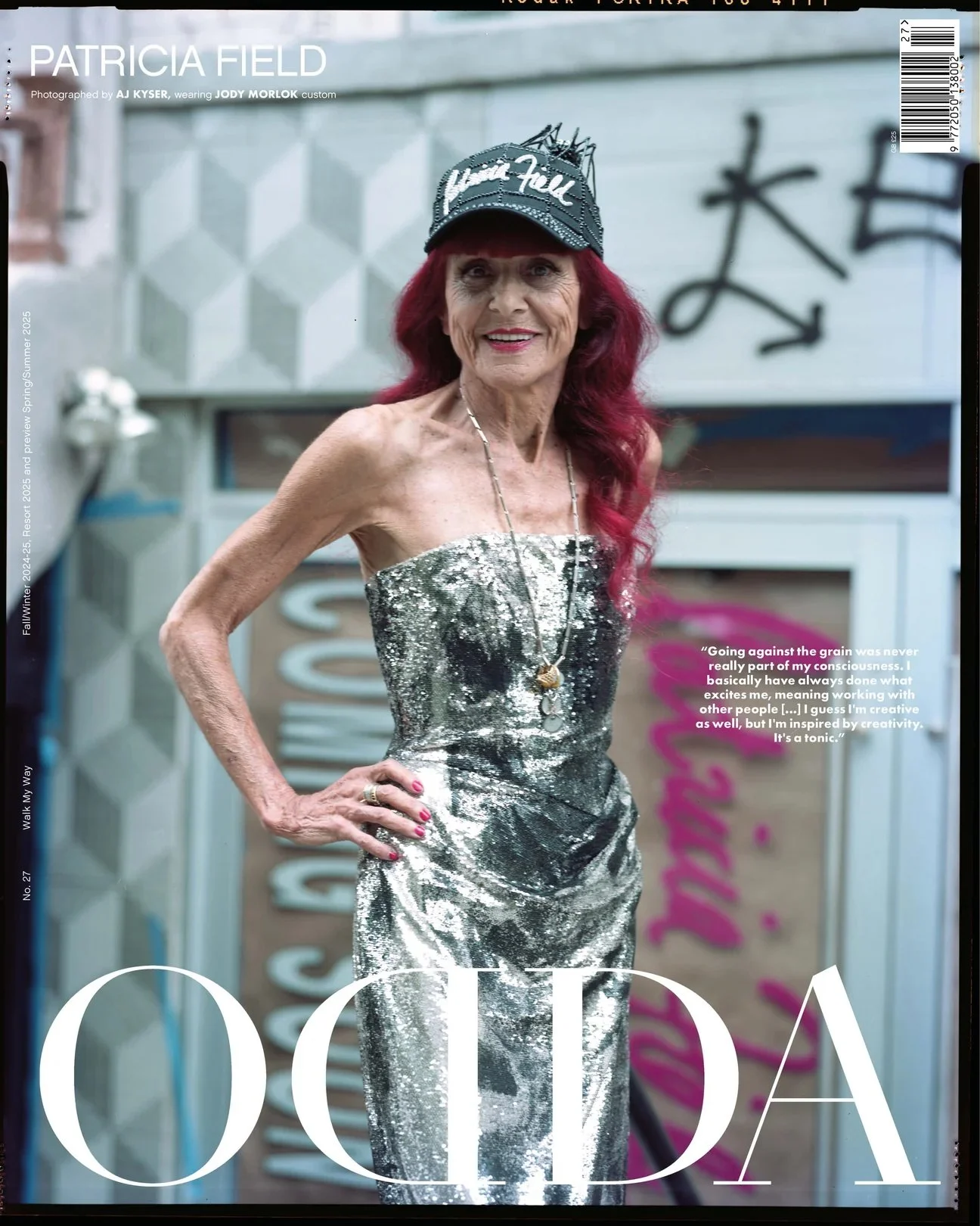 Patricia Field on cover of ODDA Magazine No 27 wearing chelle bee signature hat hand-embellished with crystal spider web and sculpted spider NYC