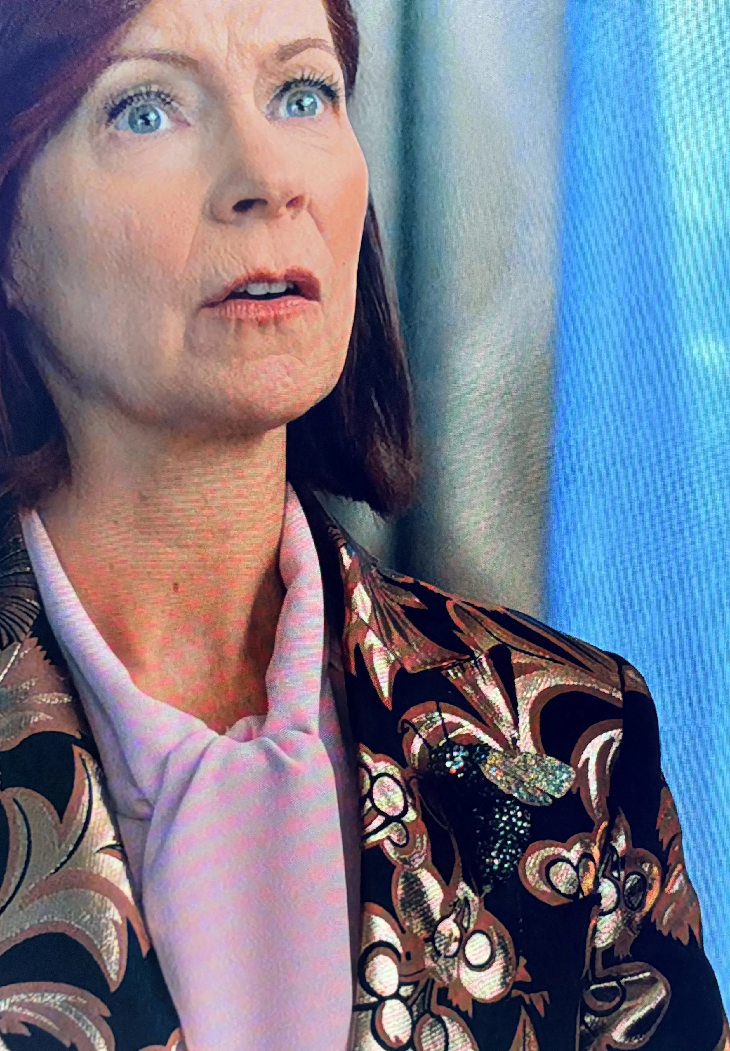 chelle bee hand-sculpted rhinestoned bee stick pin worn by Carrie Preston as Elsbeth Tascioni on CBS Elsbeth Season 2 Episode 15 2025