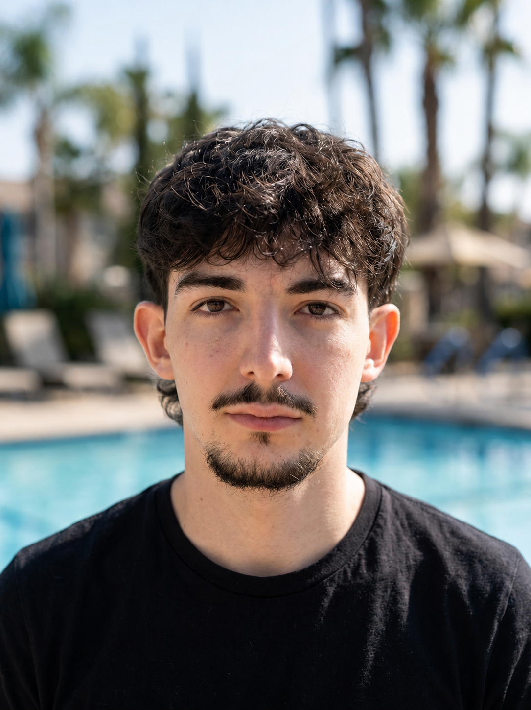 A young man with dark curly hair, light skin, and facial hair, looking directly at the camera, standing in front of a pool with palm trees and outdoor furniture in the background.