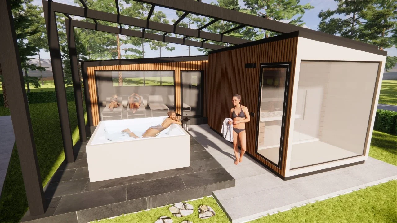 Persone che si rilassano in un'area esterna con jacuzzi e sauna in una casa moderna con grandi finestre e un tetto in vetro, circondata da alberi e giardino.