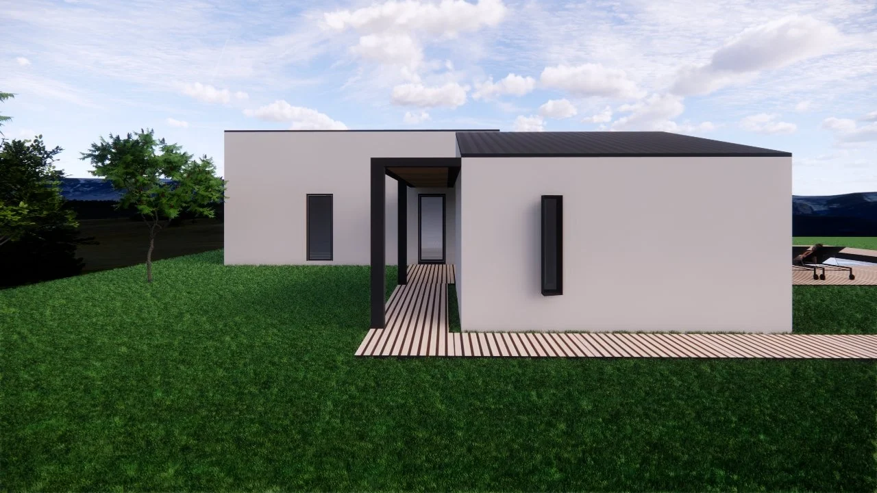 Moderna casa con facciata bianca e ingresso coperto, situata in un prato verde con alberi e un cielo con nuvole.