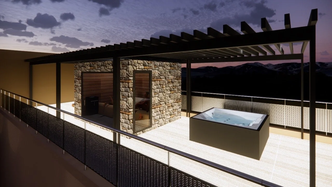 Terrazza con Jacuzzi e struttura in pietra, vista sul tramonto con montagne in lontananza.