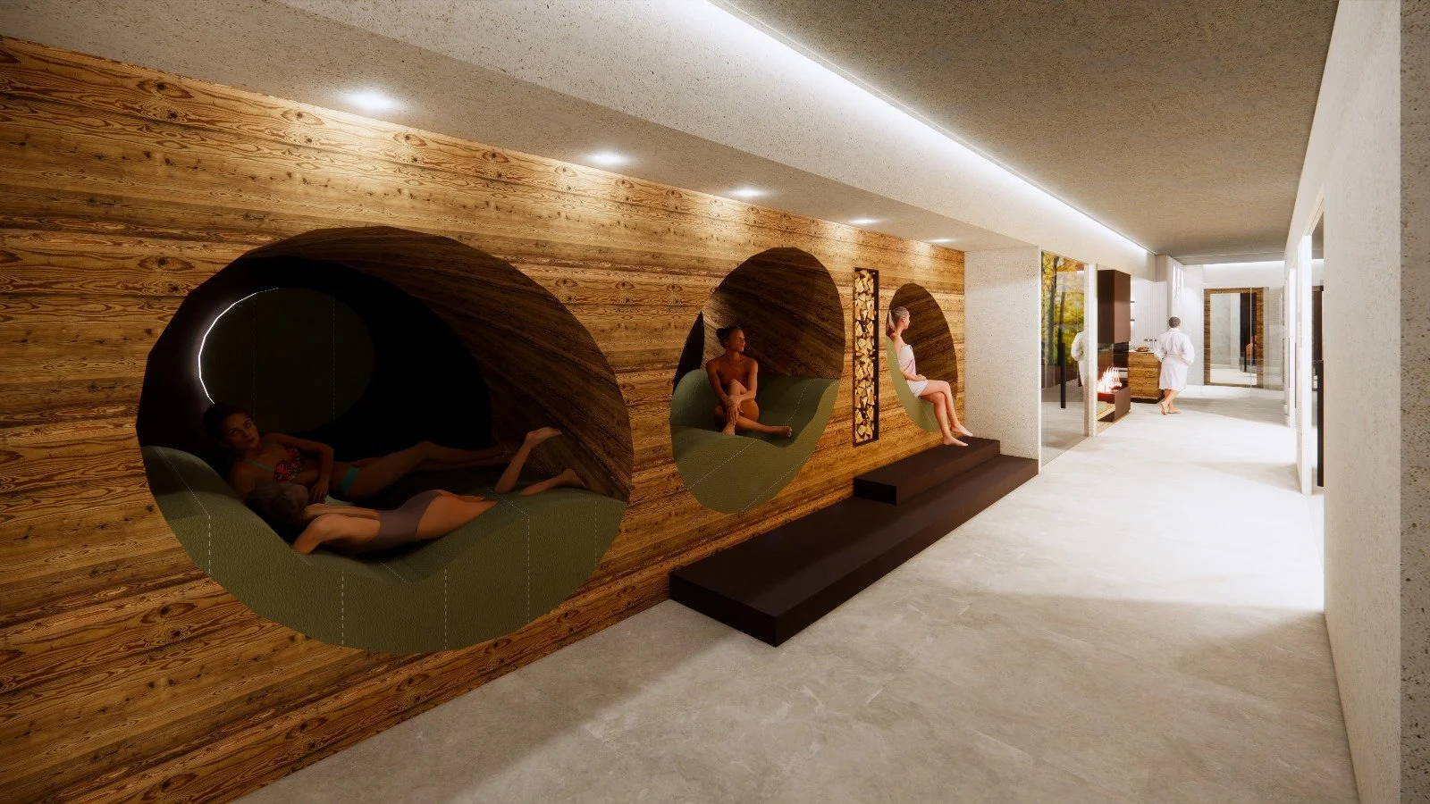 Interno di spa con cabine con sedili rotondi rivestiti di tessuto verde, decorato con parete in legno, con luci soffuse, persone che si rilassano e staff che lavora vicino a una parete con camino.