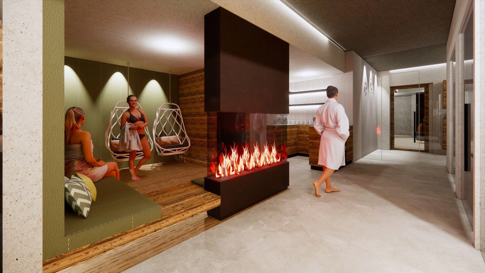 Interno di una spa con area relax, camino con fiamme artificiali, persone in accappatoio e costume in un ambiente moderno e accogliente.