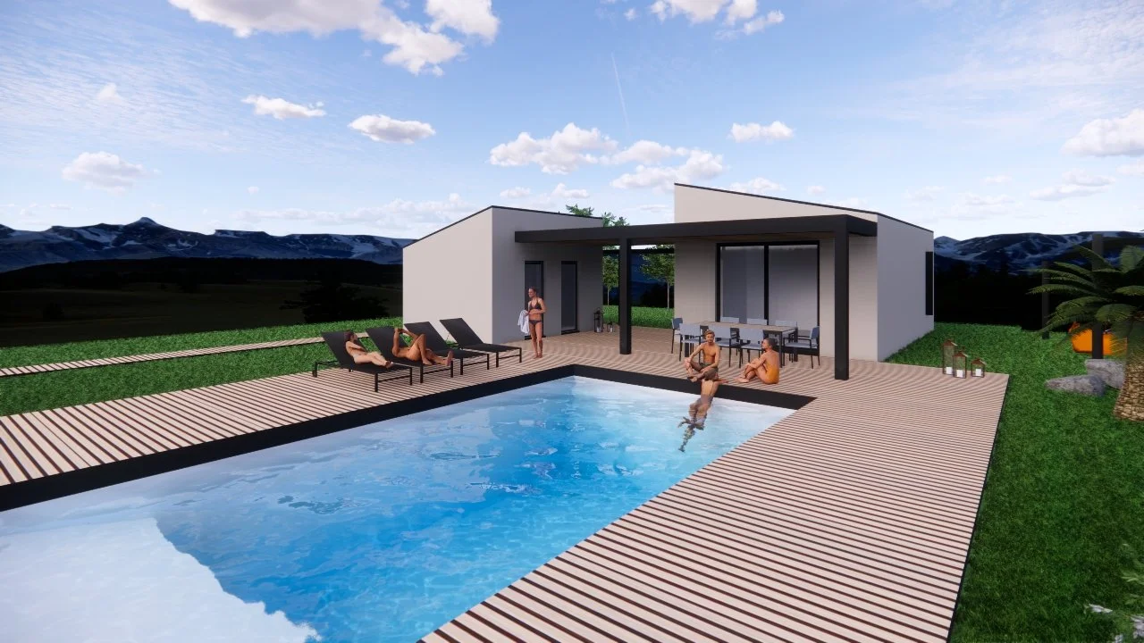 Progetto di una moderna casa con piscina all'aperto, area relax con sgabelli e tavolo da pranzo, con persone che si godono il sole e la piscina, in un contesto di montagna e prato verde.