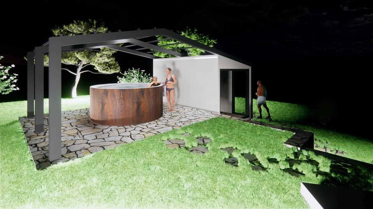 Immagine di un'area esterna con una piccola struttura moderna, un hot tub di legno e una coppia di persone che si rilassano, con un uomo che entra e una donna vicino al hot tub, sul pavimento in pietra, con alberi e vegetazione attorno.