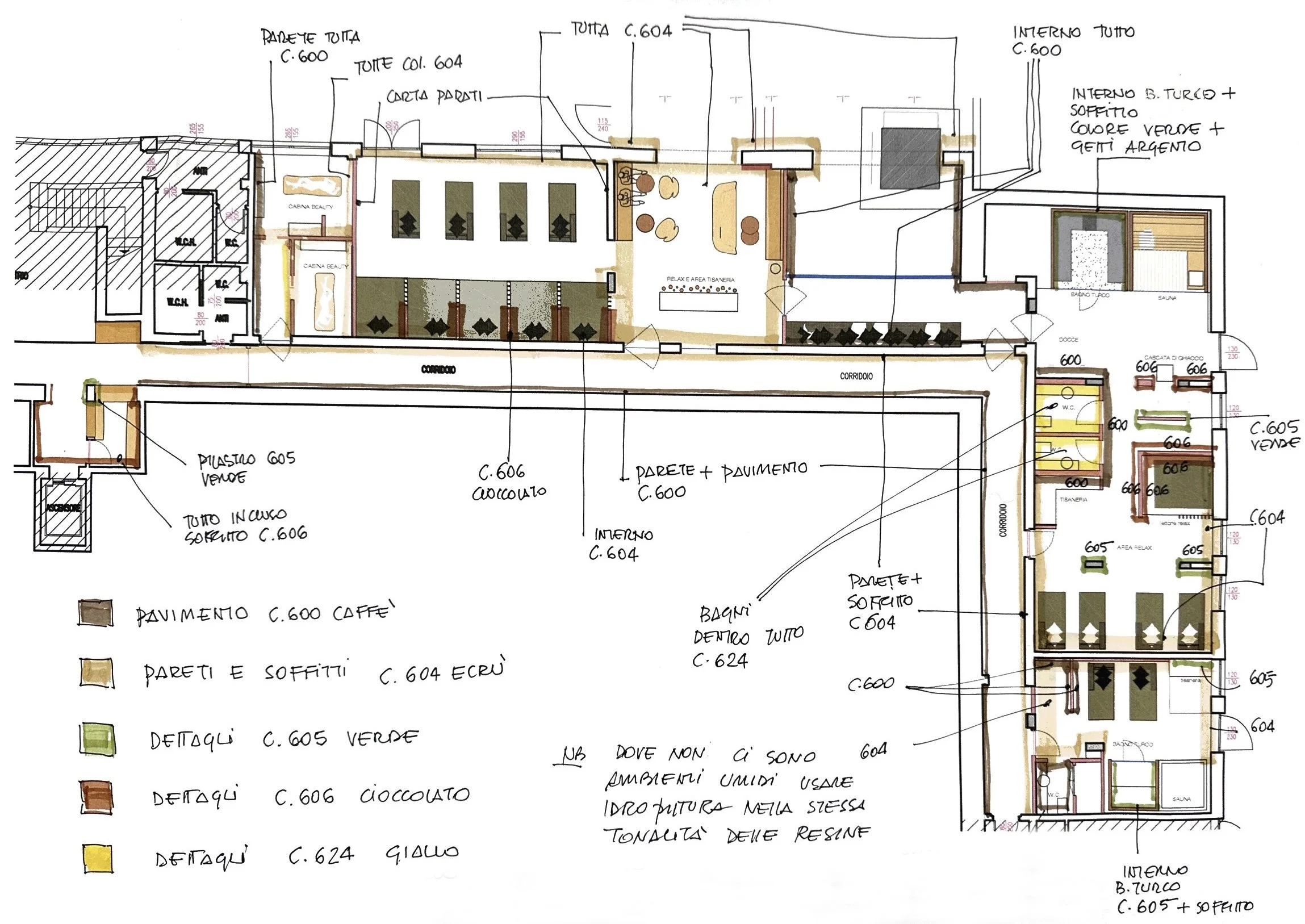 Disegno tecnico di un progetto di interni con vari dettagli architettonici e note scritte in italiano.