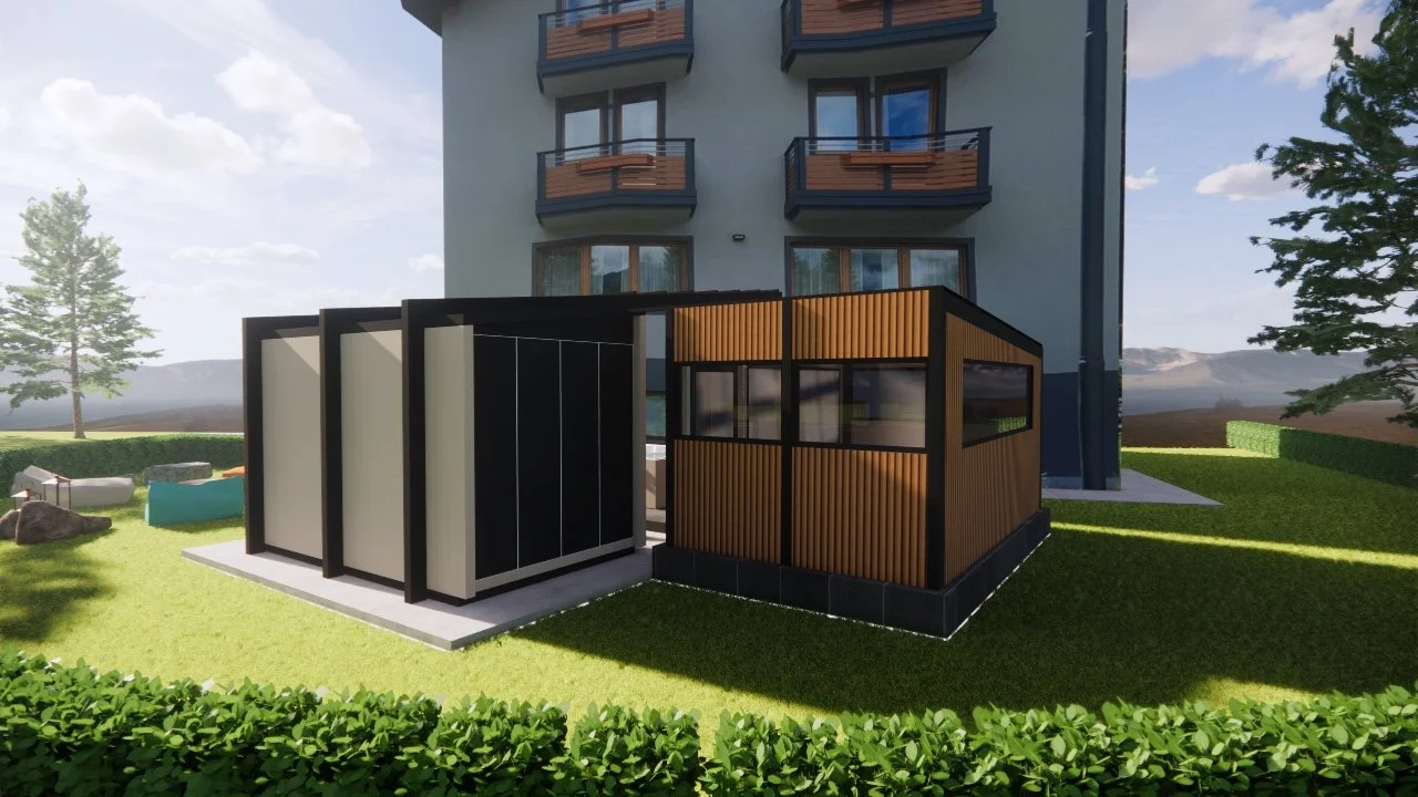 Progetto di una struttura abitativa modulare in giardino, con pannelli laterali e una sezione in legno con grandi finestre, vicino a un edificio residenziale.