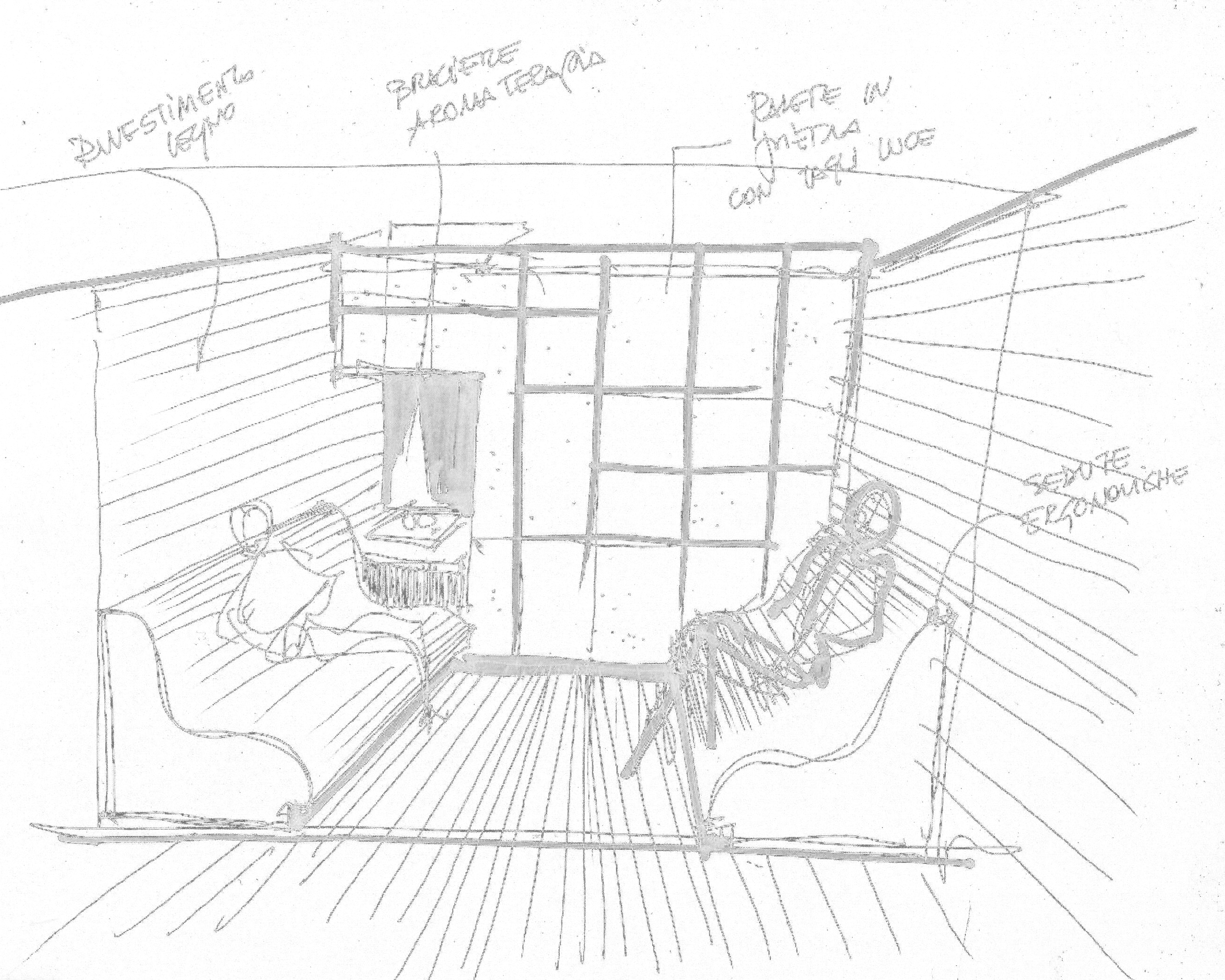 Schizzo tecnico di un progetto con annotazioni in italiano su uno sfondo nero.