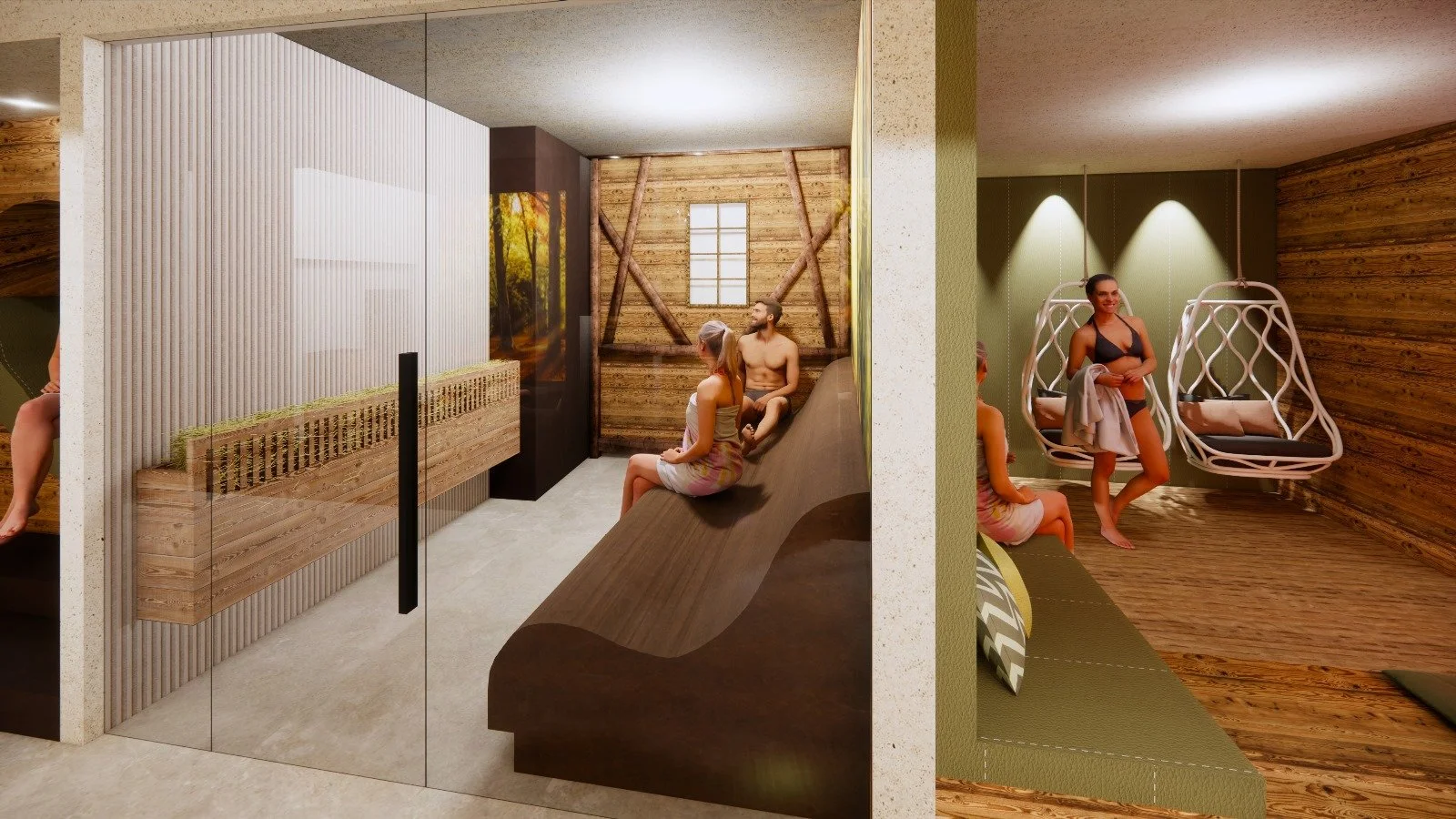 Interno di una spa con sauna e area relax, persone in accappatoio e lingerie