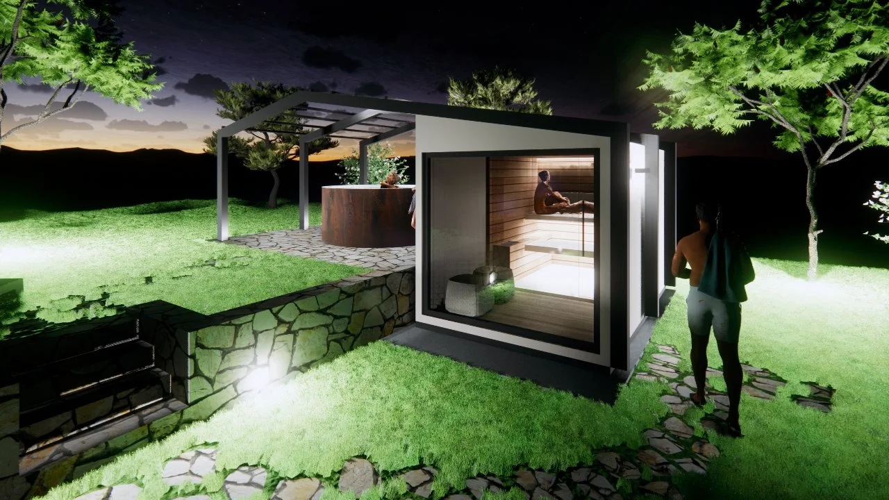 Progetto di centro benessere con saune e area relax all'aperto, scena notturna
