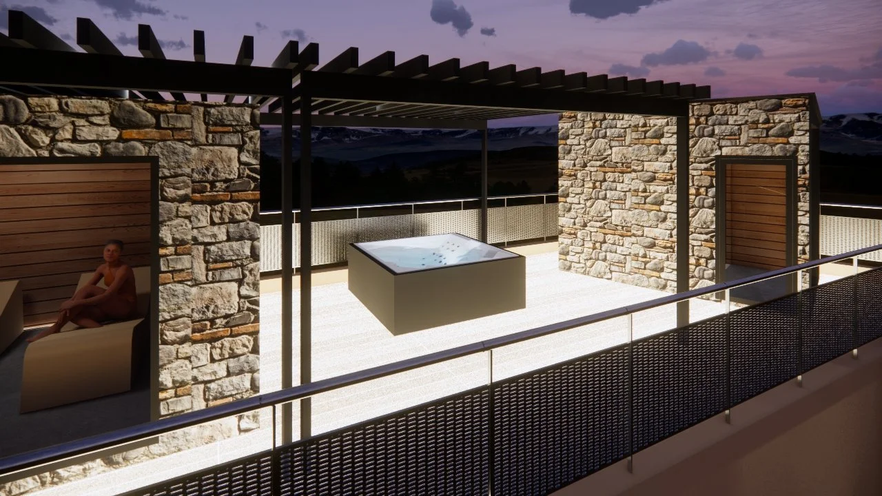 Terrazza con vasca idromassaggio, seduta con donna, pareti in pietra, tetto in legno, al tramonto con montagna sullo sfondo e cielo viola.