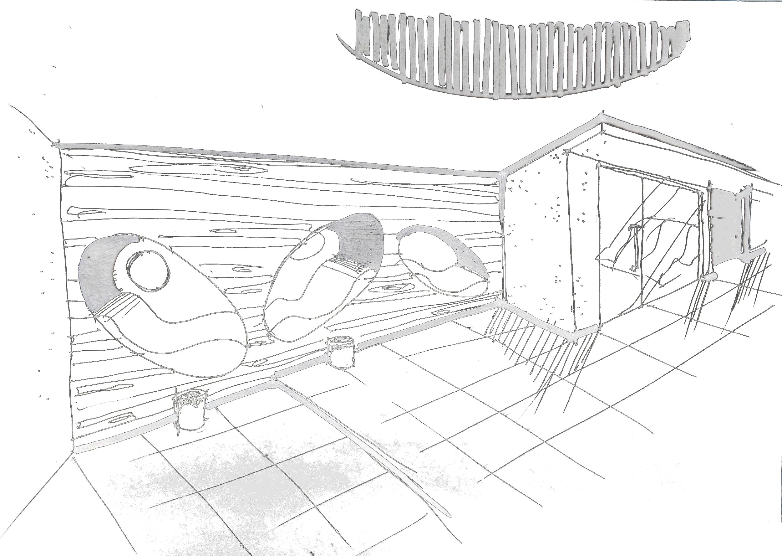 Un modello 3D di una cabina di autobus con sedili, volante, e strutture di supporto, visualizzato con linee di contorno e dettagli tecnici.