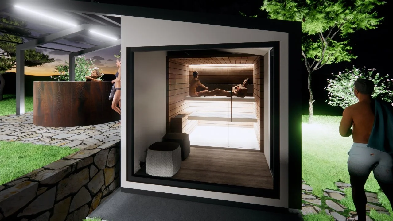 Ragazze che si rilassano sotto una tettoia con vista sul tramonto, persone che si godono una sauna in una cabina in legno; ambiente esterno con alberi, erba e pietre.