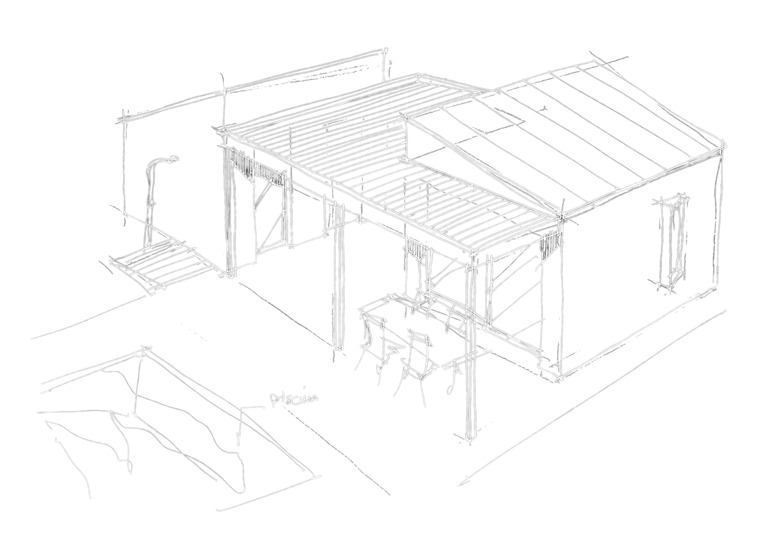 Progetto architettonico di una struttura con dettagli di costruzione e testo 'Piscina'