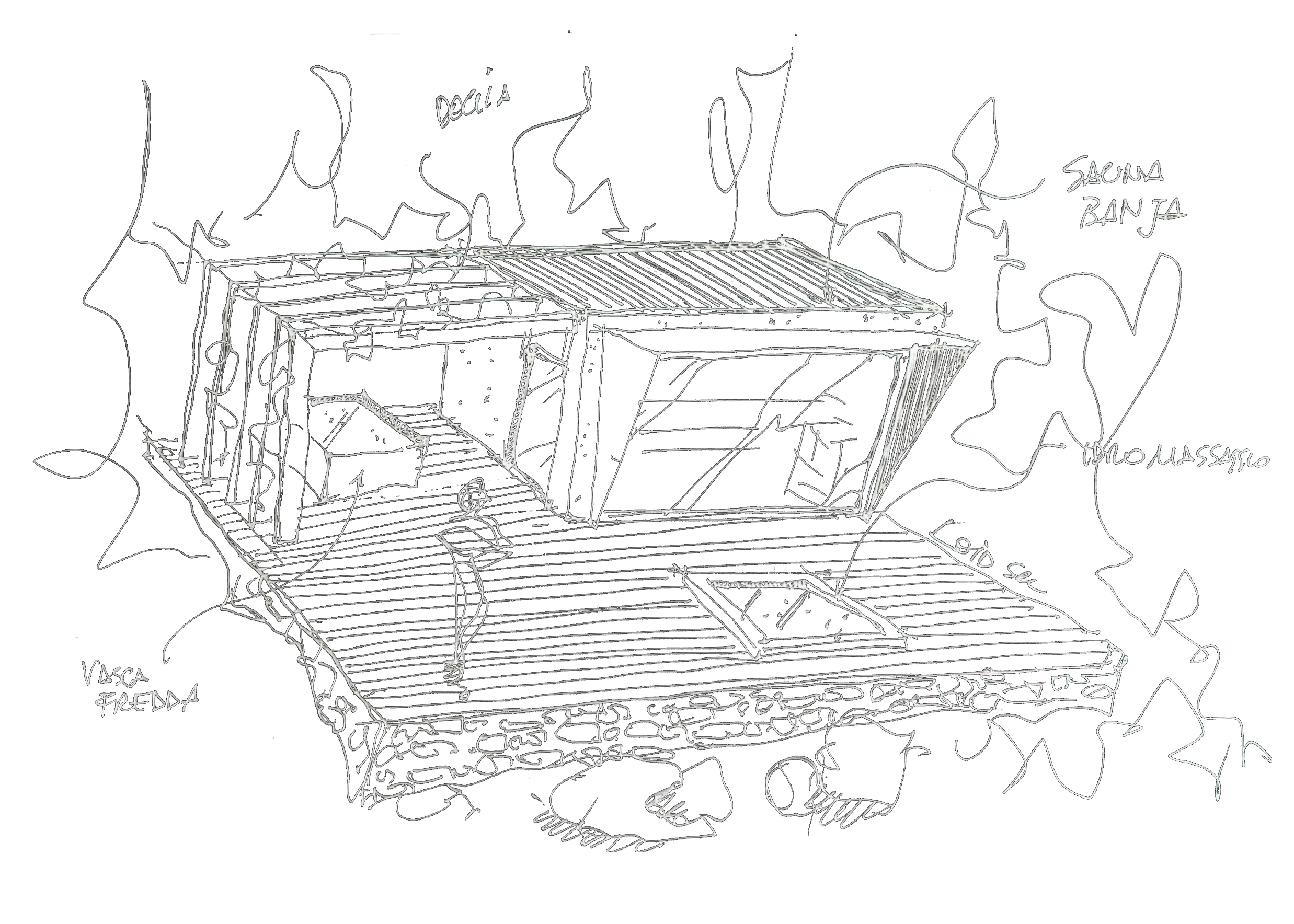 Schema digitale di un'area di un ambiente, con indicazioni per la vasca fredda, la sauna e la zona ragazzi, con disegni e annotazioni