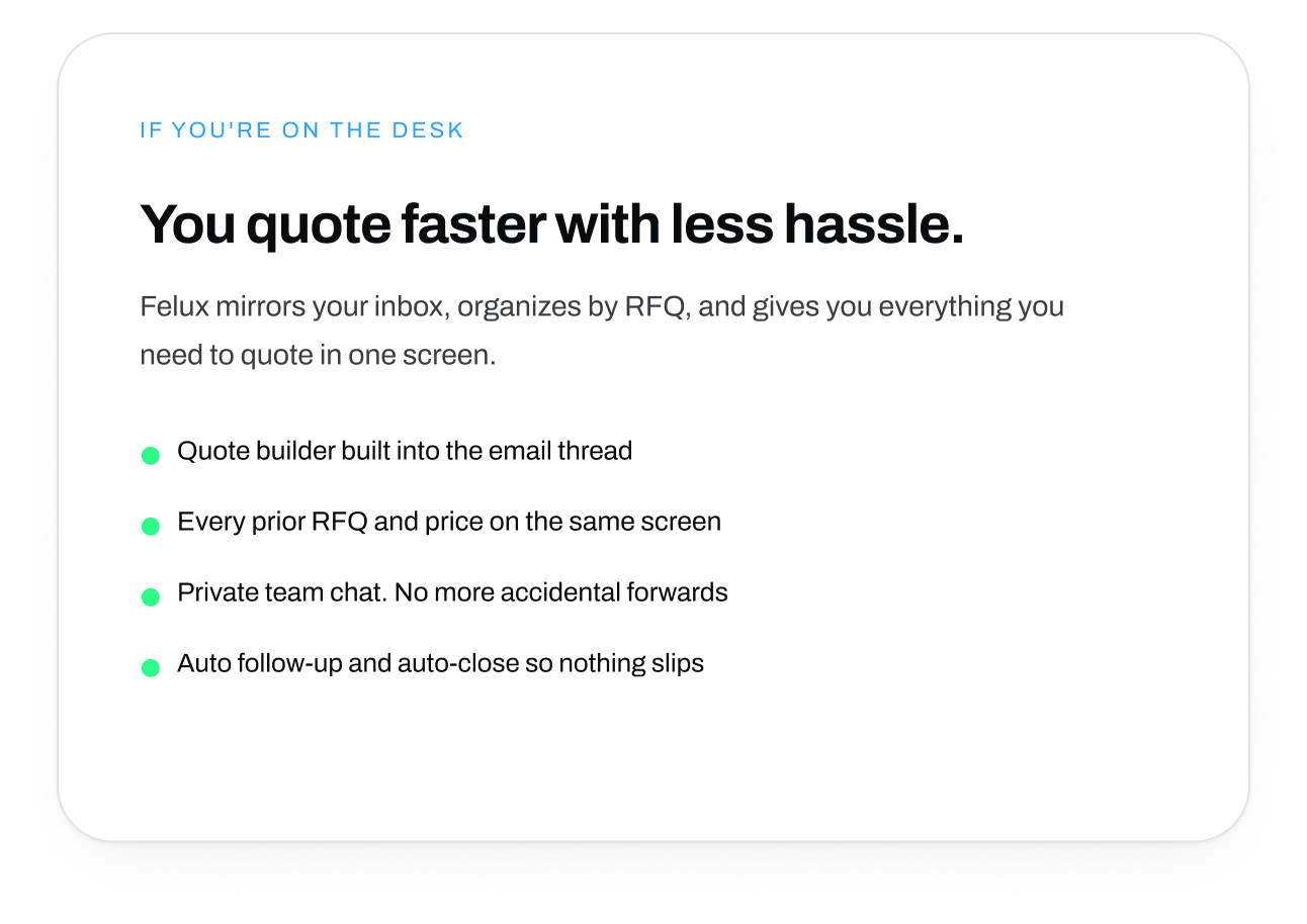 Screenshot of a presentation slide about a tool that helps with quoting faster, titled 'You quote faster with less hassle'. The slide lists features: quote builder integrated in email, all RFQ and prices on one screen, private team chat, and auto follow-up and auto-close.