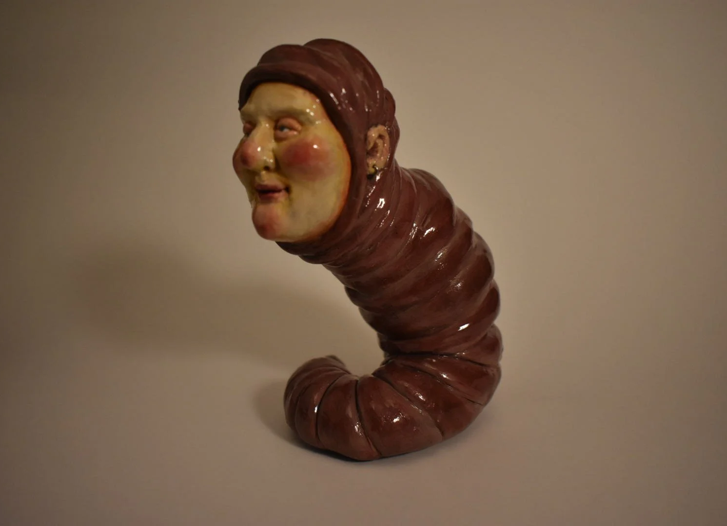 Worm, 6" tall- sculpey clay and acrylic paint, sealed with spray lacquer (forever sticky)