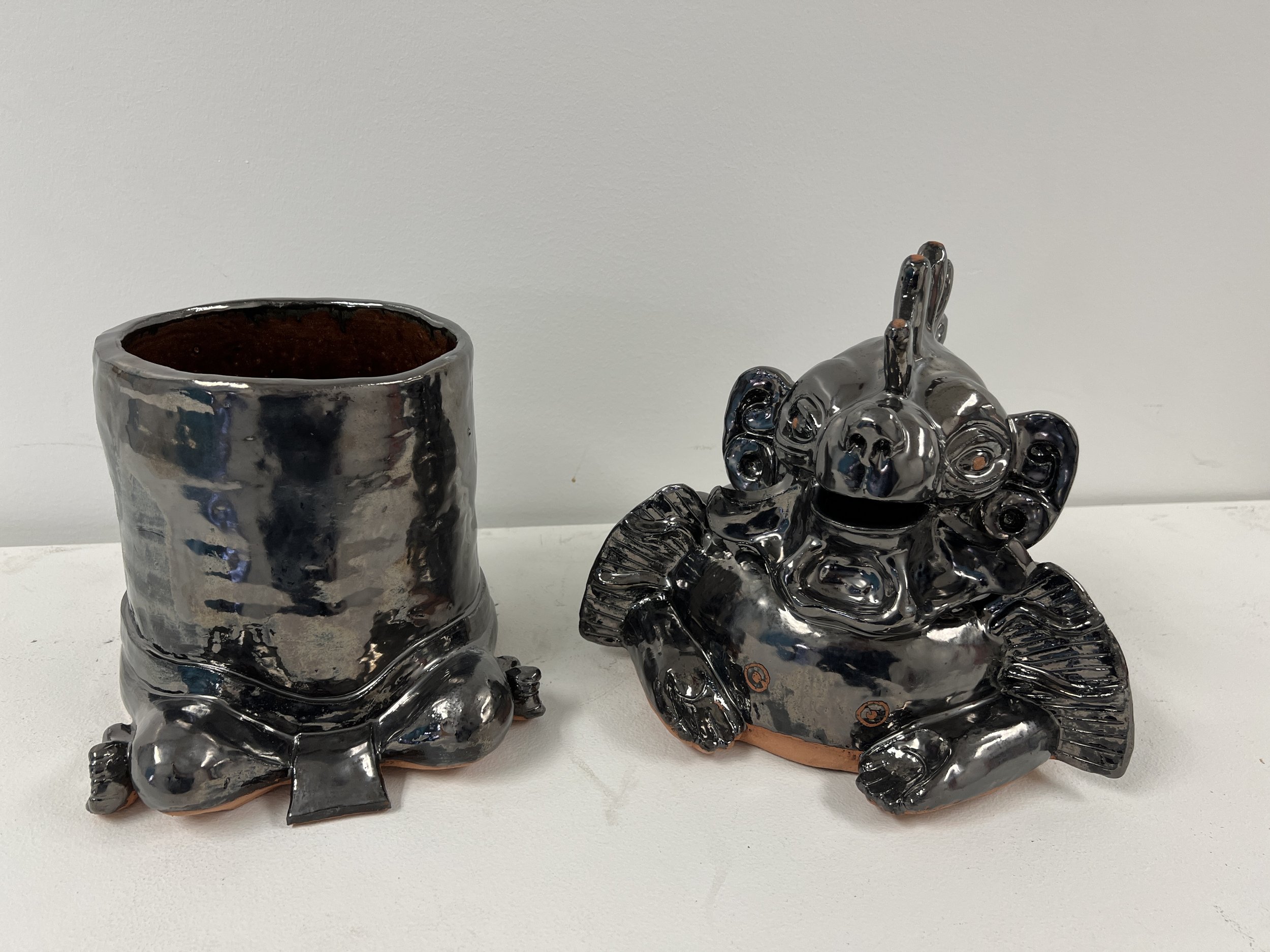 Ancient Monkey Vessel, 14" tall- water based clay and gunmetal glaze