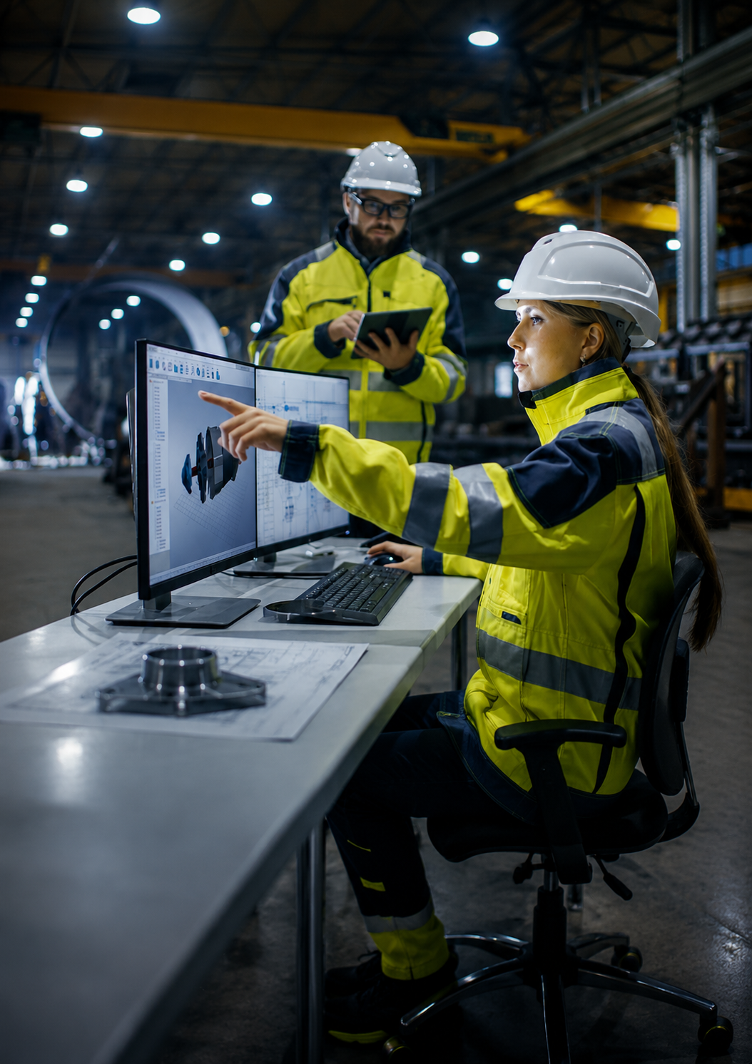 Two engineers in safety gear working with a computer in an industrial workshop, one is seated at a desk and the other is standing, both focusing on manufacturing design.