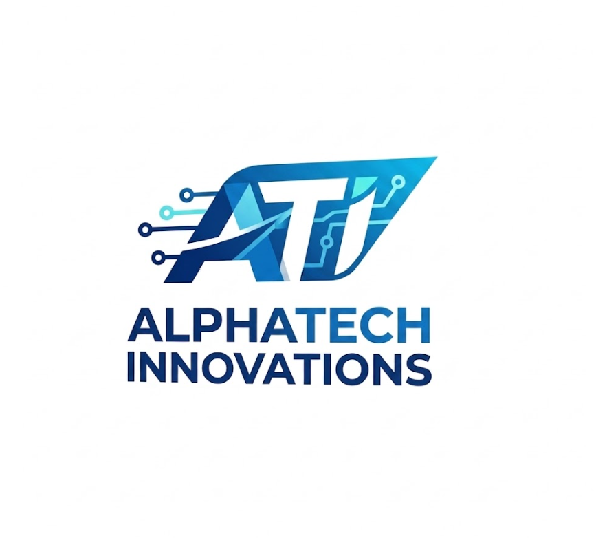 Logo for Alphatech Innovations featuring stylized letters 'A' and 'T' with circuitry design and the company name underneath.