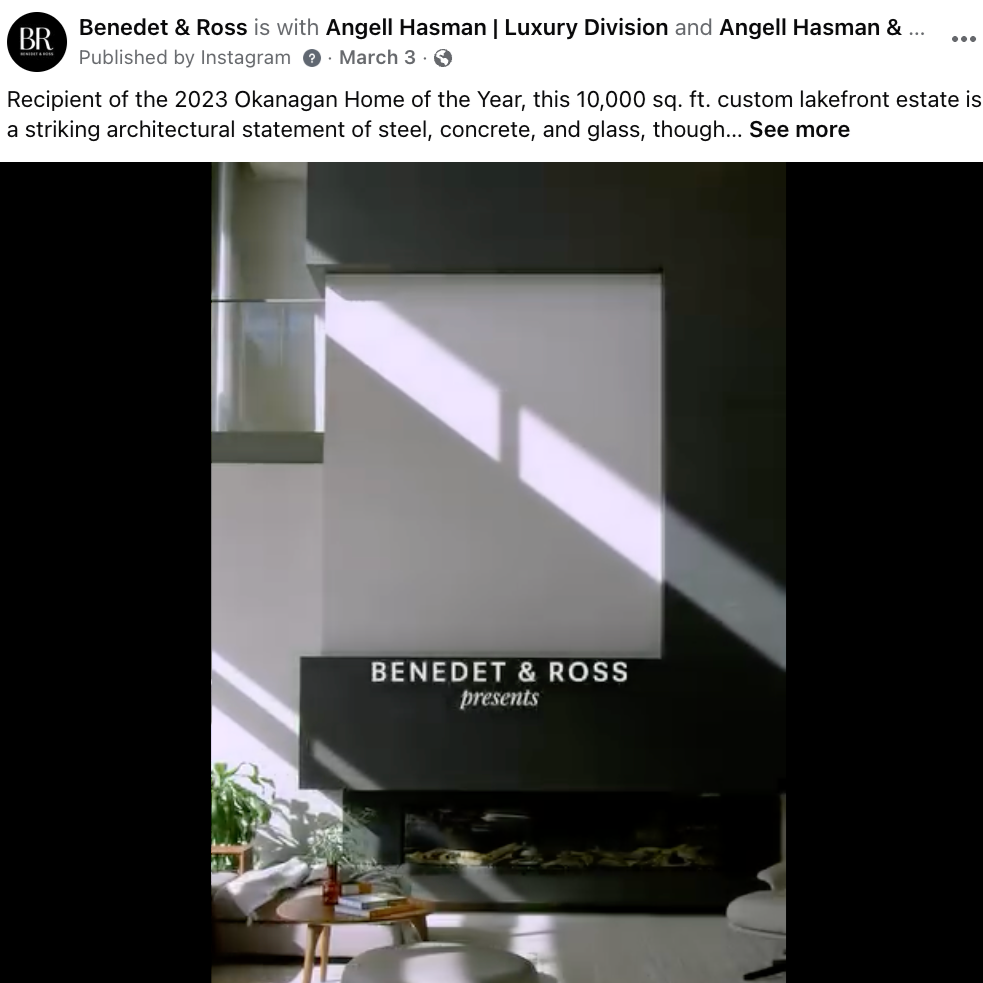 Facebook profile page for Benedet & Ross, real estate team, featuring their logo, subscriber count, and links, with home suggestions showing luxury houses.