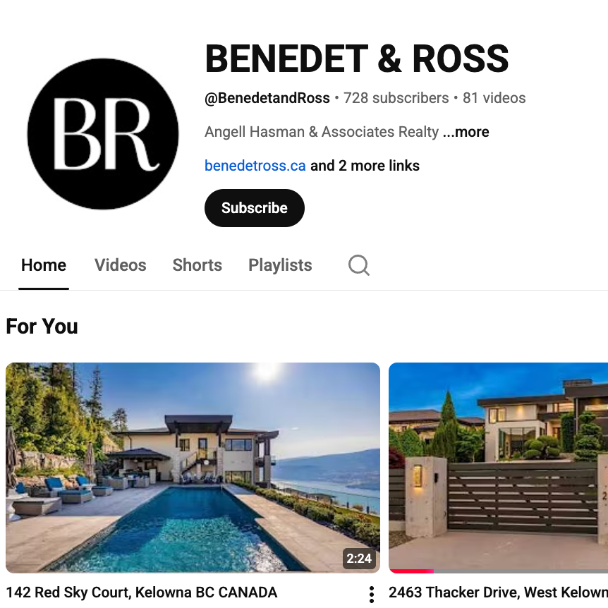 YouTube profile page for Benedet & Ross, real estate team, featuring their logo, subscriber count, and links, with home suggestions showing luxury houses.