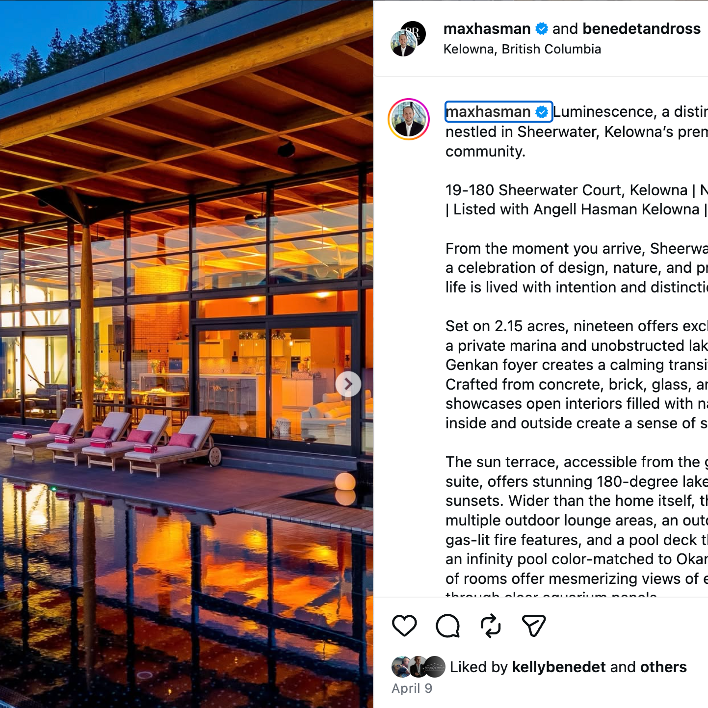 Instragram profile page for Benedet & Ross, real estate team, featuring their logo, subscriber count, and links, with home suggestions showing luxury houses.
