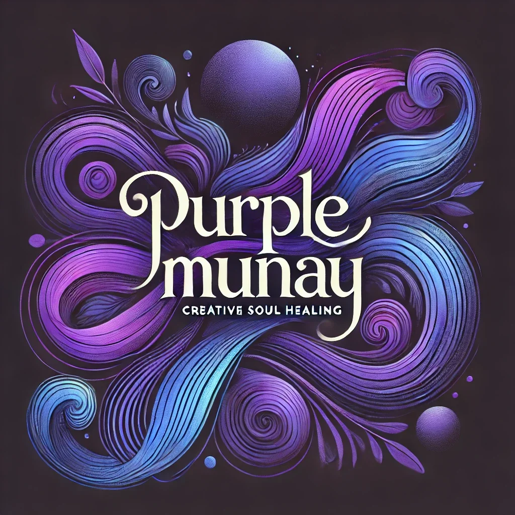 Purple and blue swirling abstract design with the text "Purple Munay" and "Creative Soul Healing" in the center.