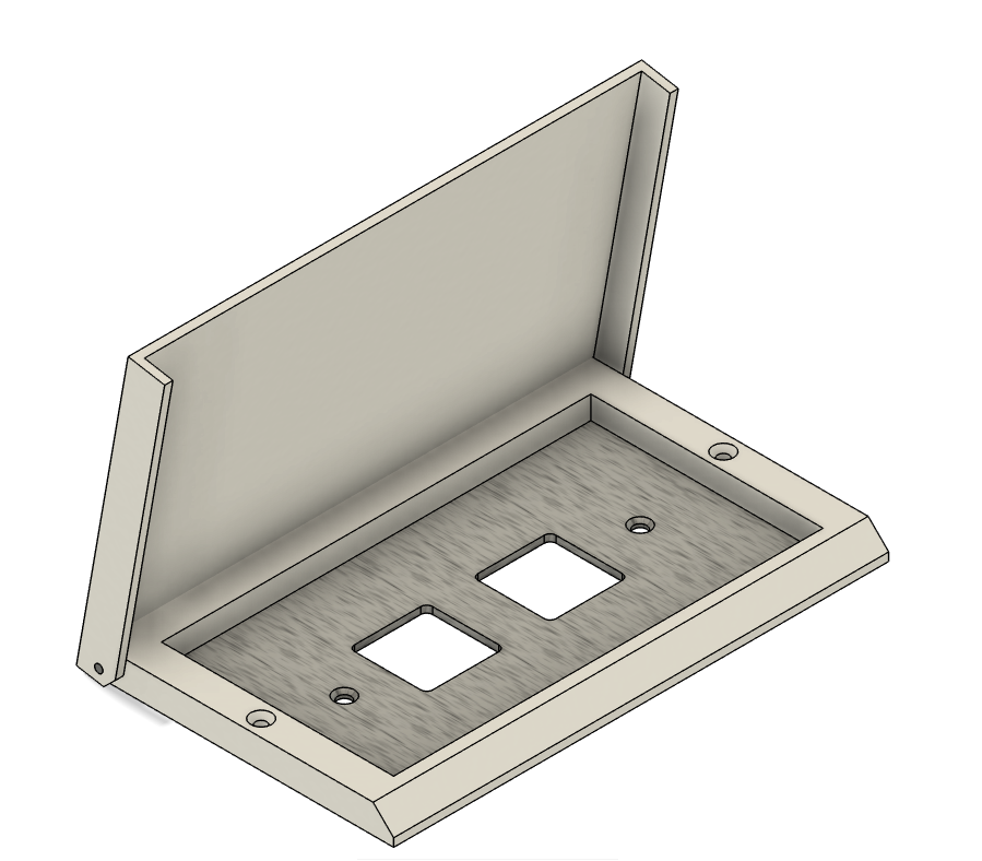 A rendering of a metallic electrical outlet box with a cover plate partially opened, showing two rectangular cutouts for switches or outlets and screw holes for mounting.