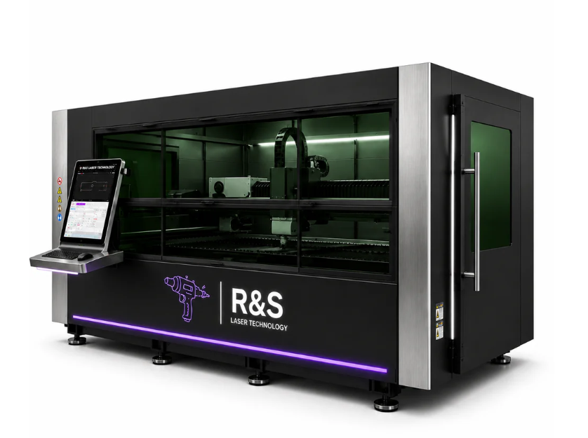 A black laser cutting machine with a glass front, the R&S Laser Technology logo, and a control panel on the side, used for precision laser cutting.
