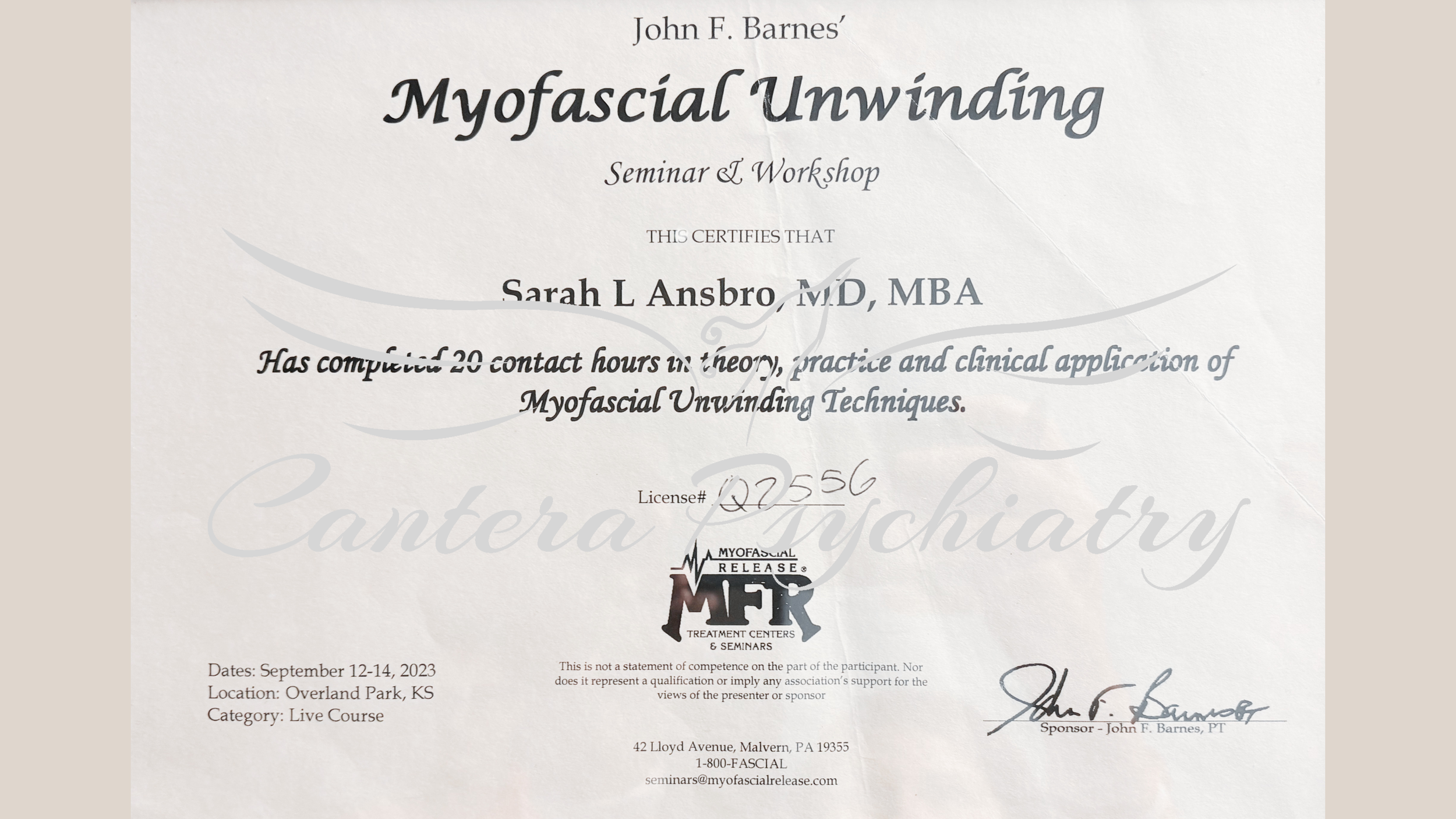 Certificate of completion for Sarah L. Ansbro, MD, MBA for a Myofascial Unwinding seminar and workshop held September 12-14, 2023, at Overland Park, Kansas. Signed by John F. Barnes.