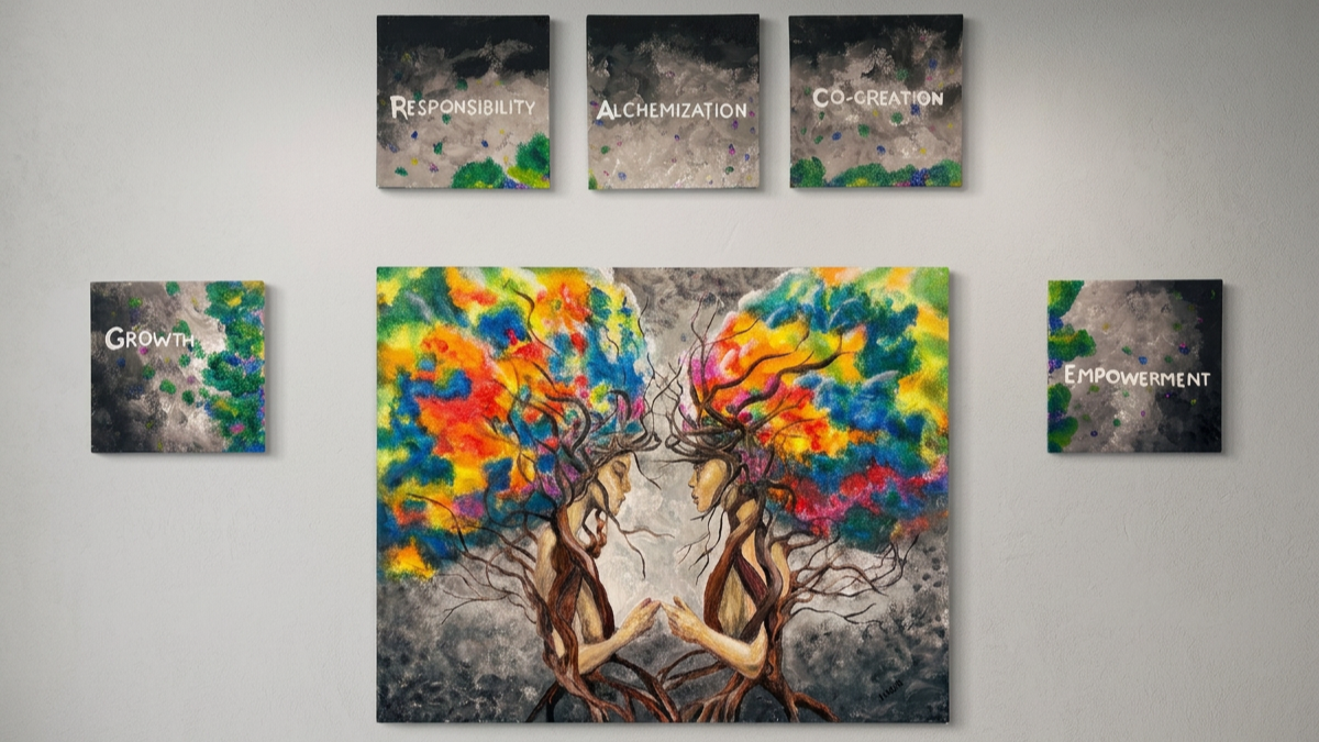 Colorful artwork of two women with intertwined branches for hair, touching hands, with positive words like Responsibility, Alchemy, Co-Creation, Growth, and Empowerment displayed around.