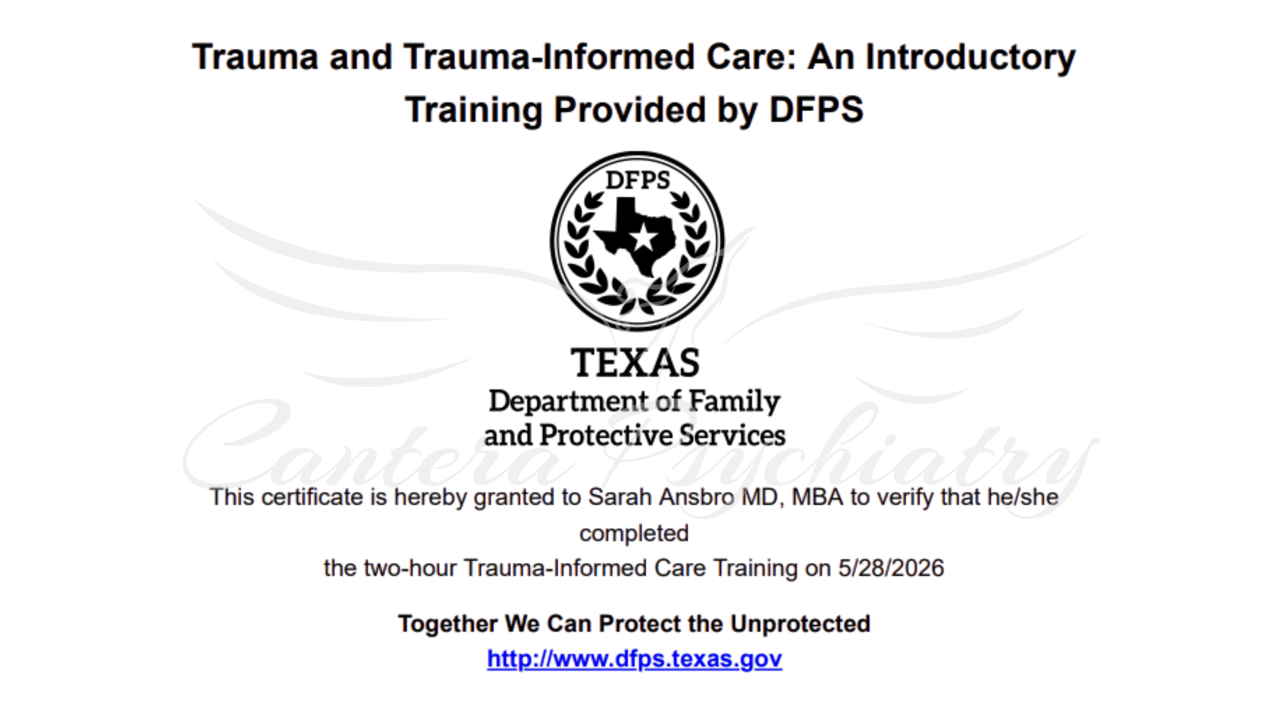 Texas Department of Family and Protective Services trauma-informed care training certificate awarded to Sarah Anbro on 5/28/2026.