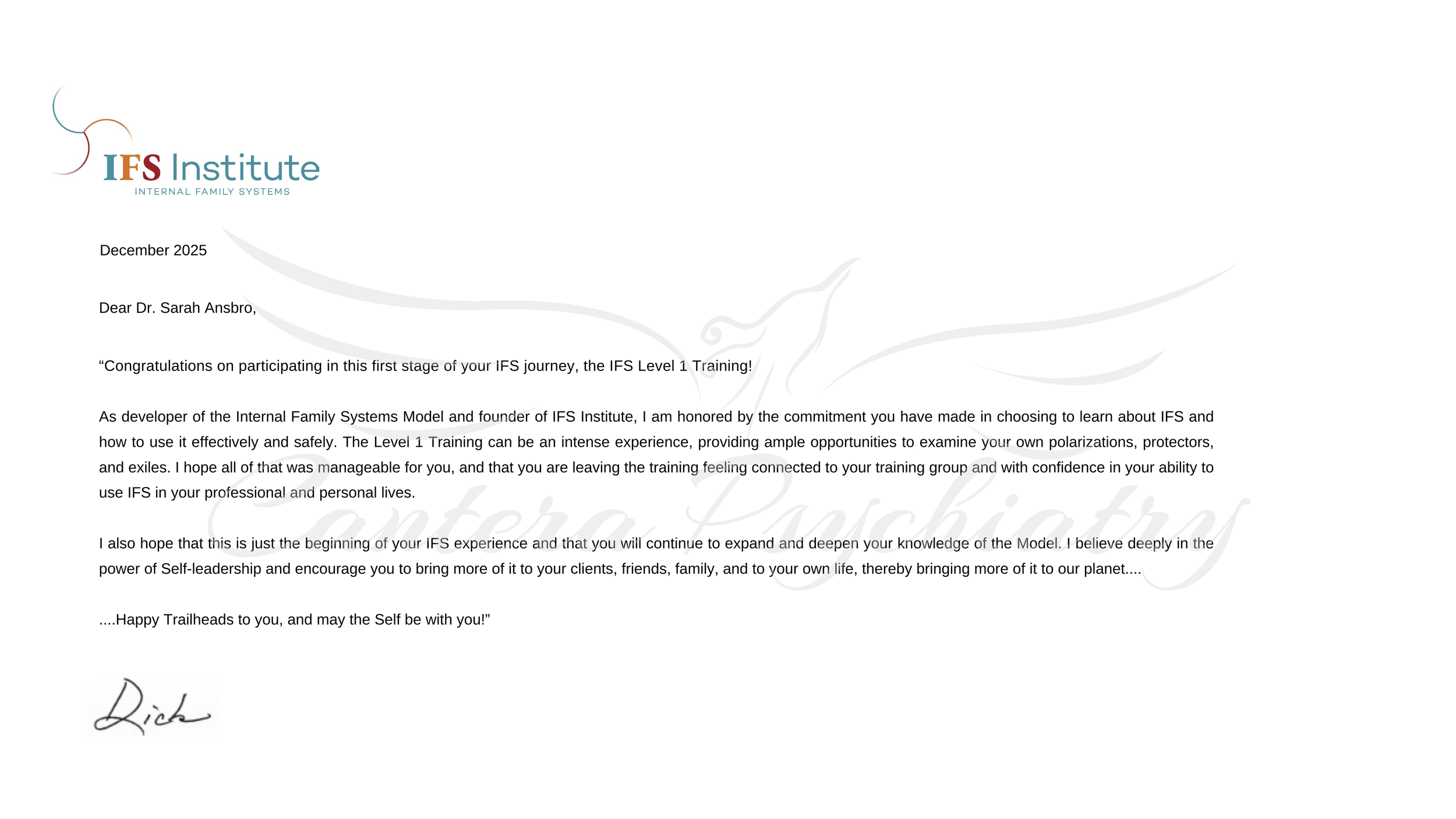 Letter from IFS Institute congratulating Dr. Sarah Anbro on completing the IFS Level 1 Training, signed by Rick.