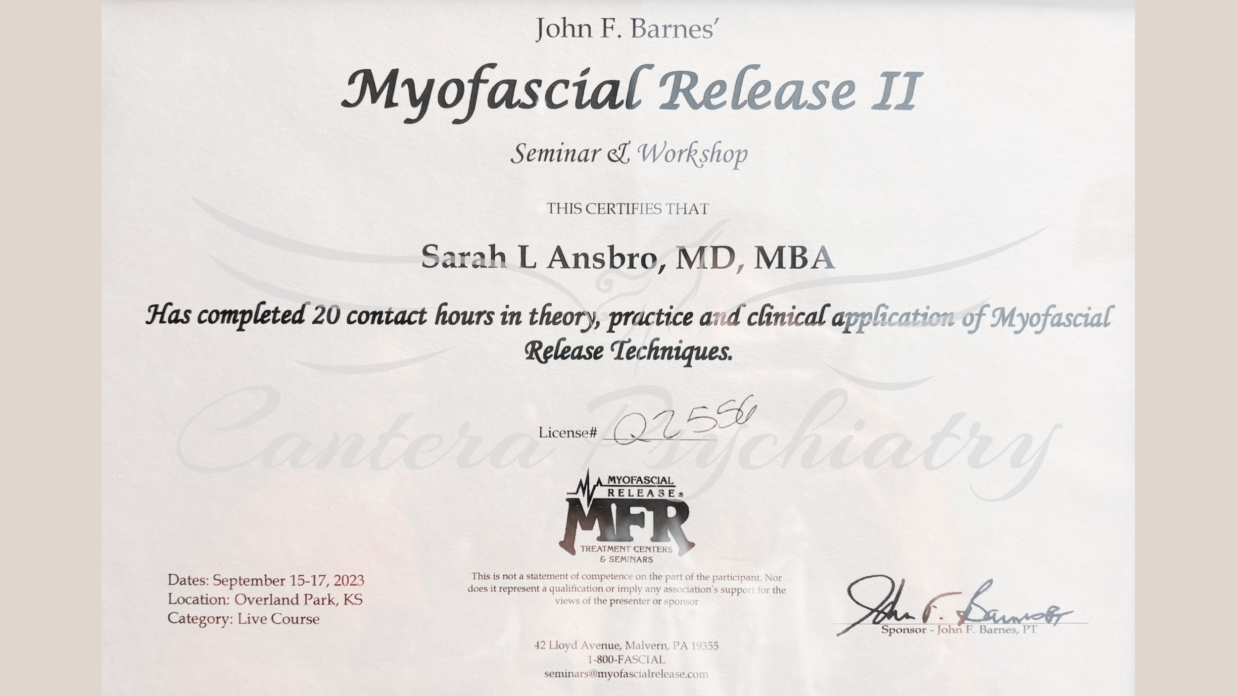 Certificate for Sarah L. Ansbro, MD, MBA, for completing 20 contact hours in myofascial release techniques, issued by Myofascial Release Seminars, dated September 15-17, 2023, in Overland Park, Kansas.