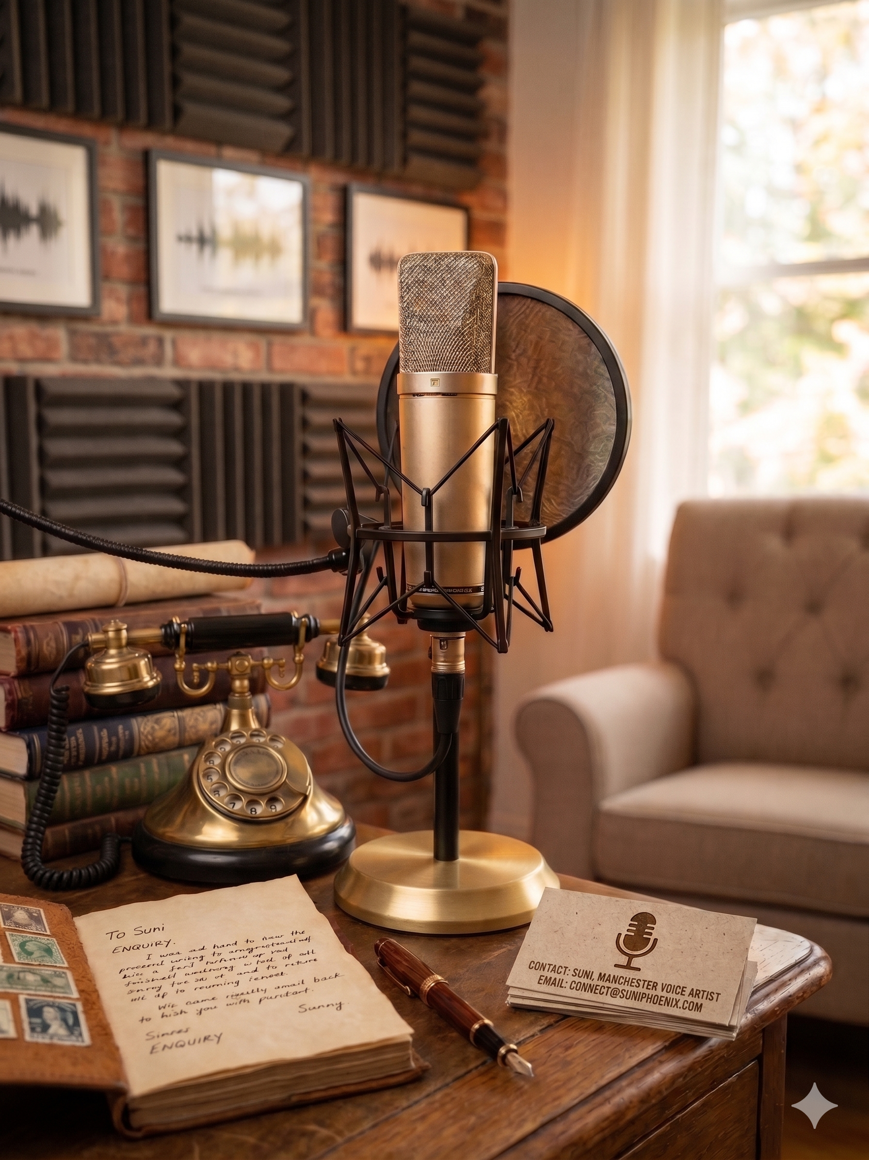 A vintage-style microphone on a stand surrounded by a handwritten letter, a stack of books, an old rotary phone, and business cards on a wooden table in a cozy room with a brick wall, framed pictures, and large windows.