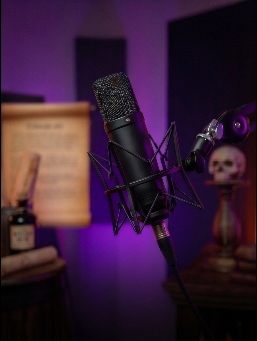 Close-up of a black professional microphone with a shock mount, mounted on an adjustable arm, in a dimly lit room with purple ambient lighting, a blurred open book on a side table, and a skull ornament in the background.