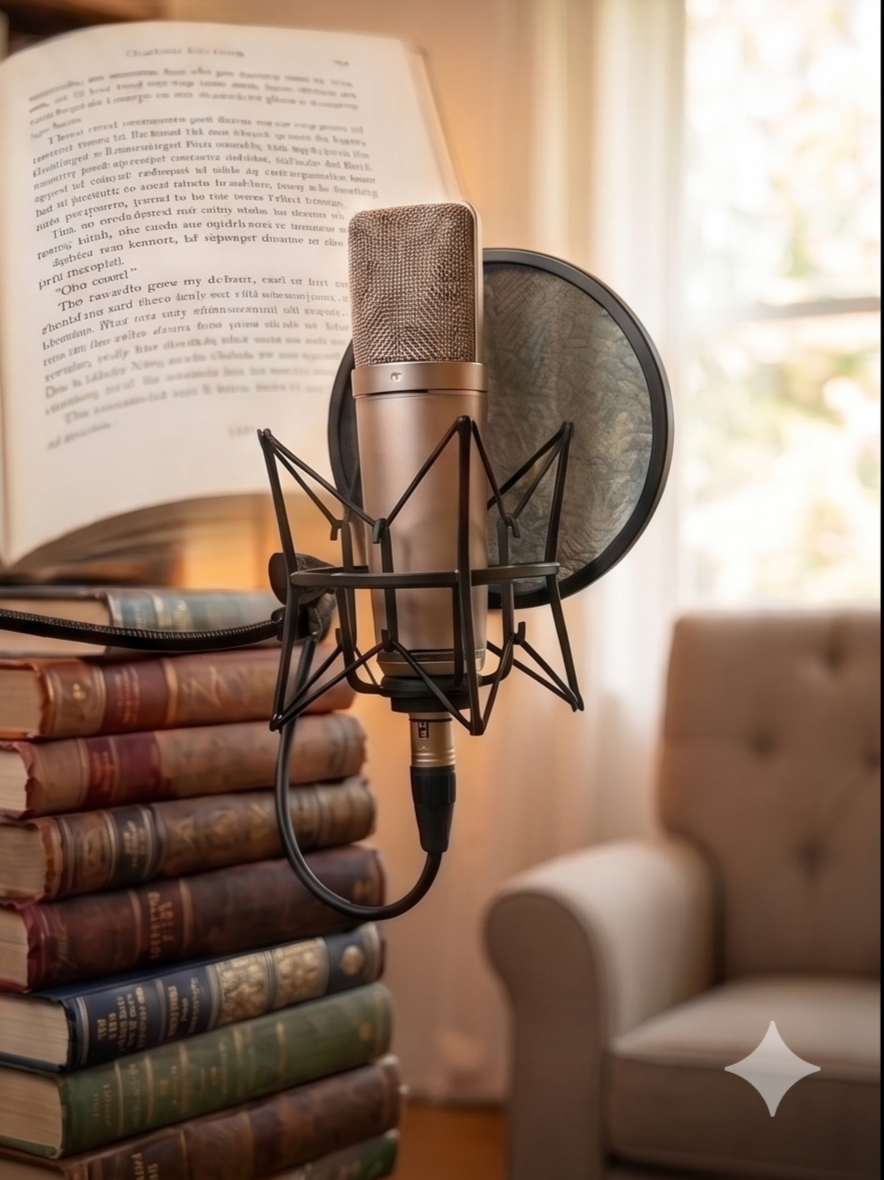 A microphone with a pop filter in a recording studio or home setup, placed near a stack of vintage hardcover books and an open book on top, with a cozy armchair and a window with trees outside in the background.
