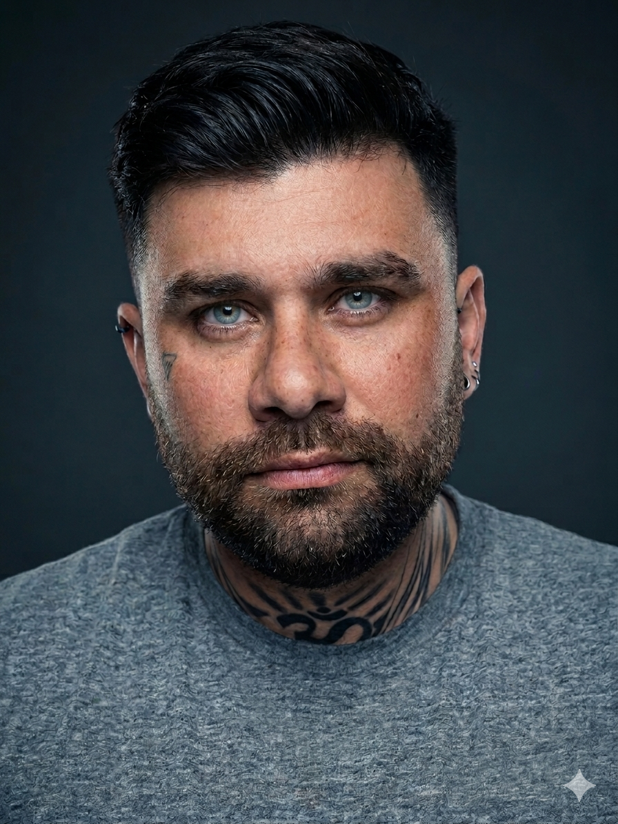 Close-up portrait of a man with dark hair, blue eyes, a beard, tattoos on his neck, earrings, and wearing a gray shirt, against a dark background.