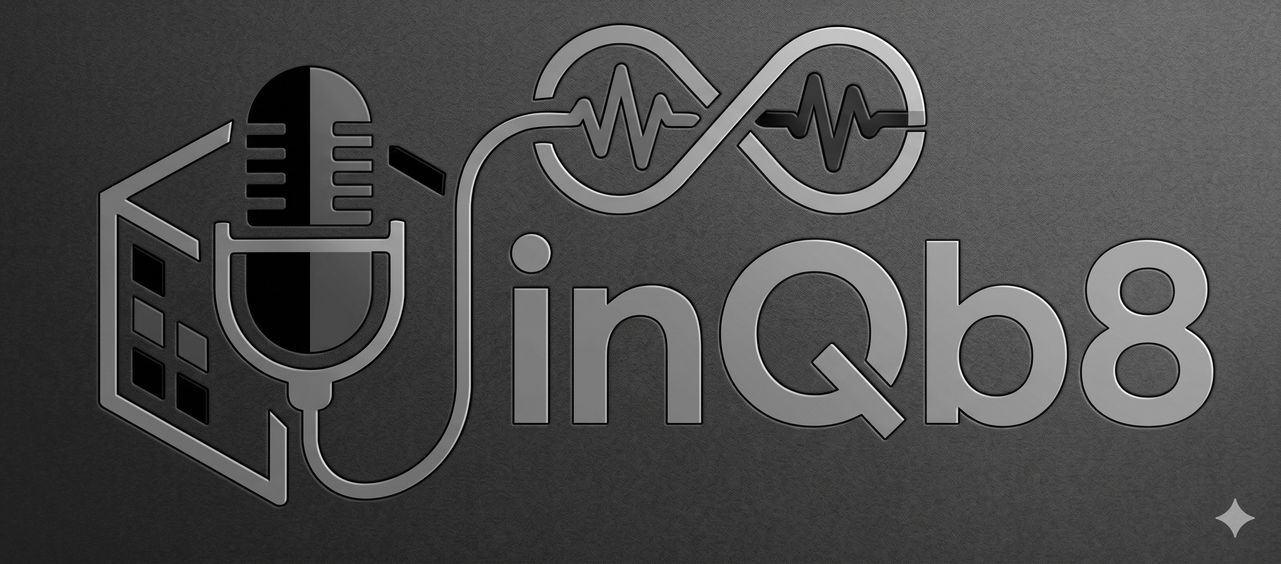 Gray metallic outline of a microphone, a pill bottle, a heart rate line, and the word 'linQ8' on a dark background.