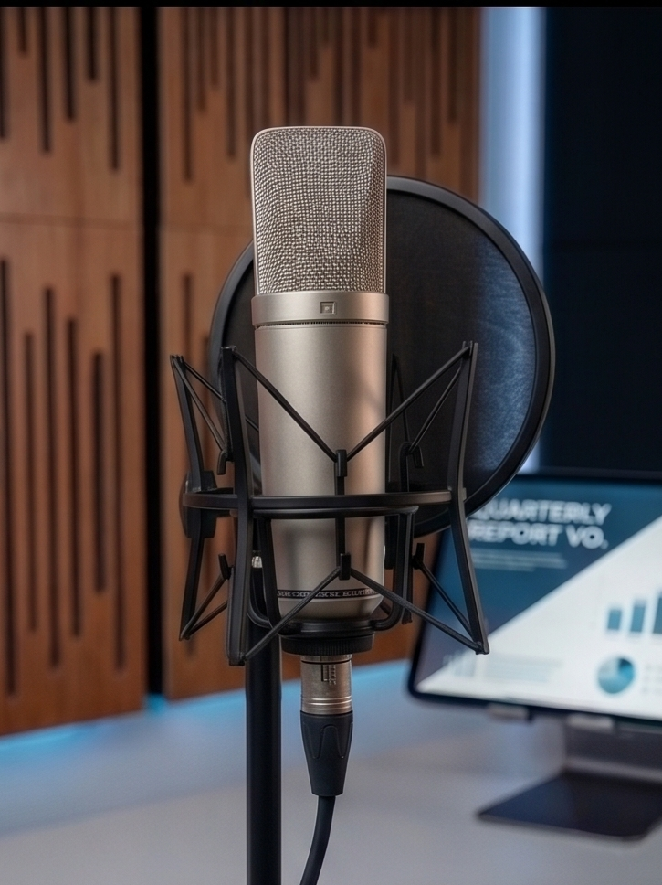 A professional studio microphone with a pop filter on a stand, in a soundproof recording space.