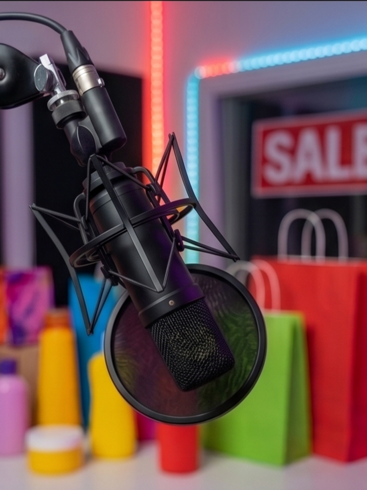 Close-up of a professional microphone with a pop filter in a colorful recording studio with neon lights and sale signs in the background.