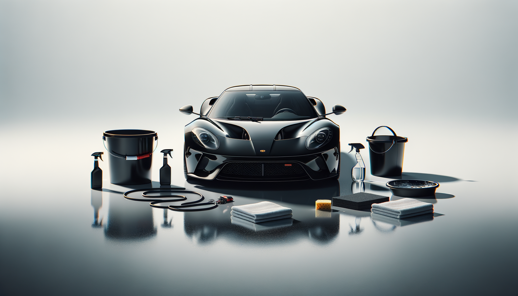 A black sports car surrounded by car cleaning supplies including spray bottles, a bucket, sponges, cloths, a scrub brush, a bottle of cleaning solution, and a dish with soap.